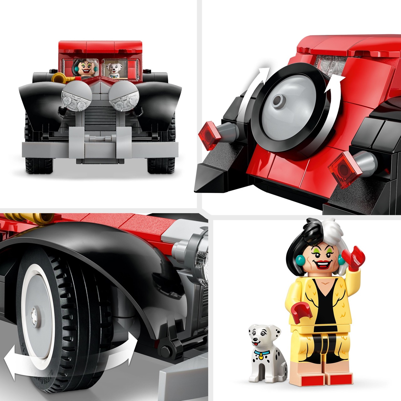 Lego-set met een rode auto met zwarte details, Cruella de Vil en een Dalmatische hond. De auto heeft grote koplampen en een reservewiel.