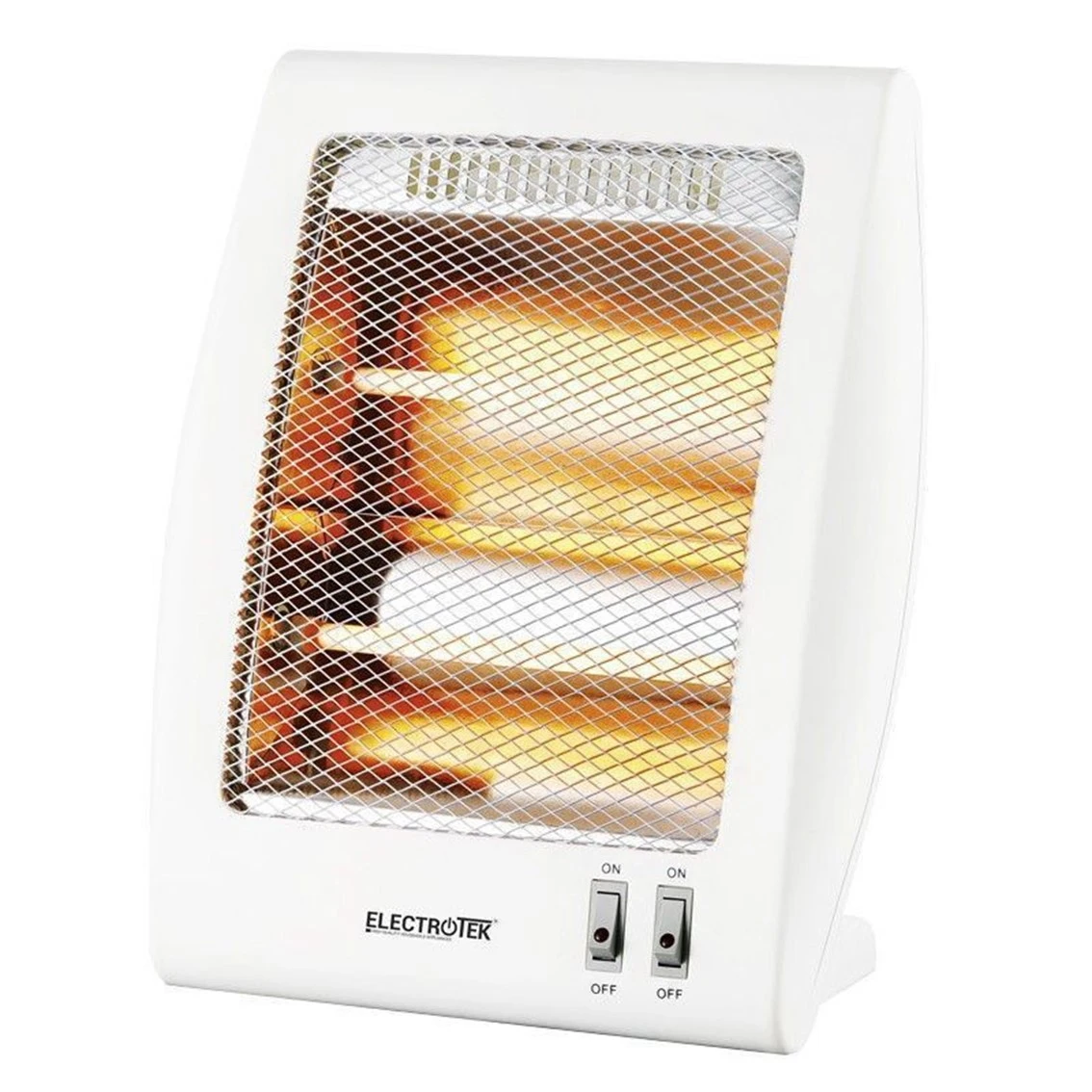 Un calefactor eléctrico blanco con rejilla metálica, dos interruptores y el logotipo Electrotek. Los elementos calefactores brillan.