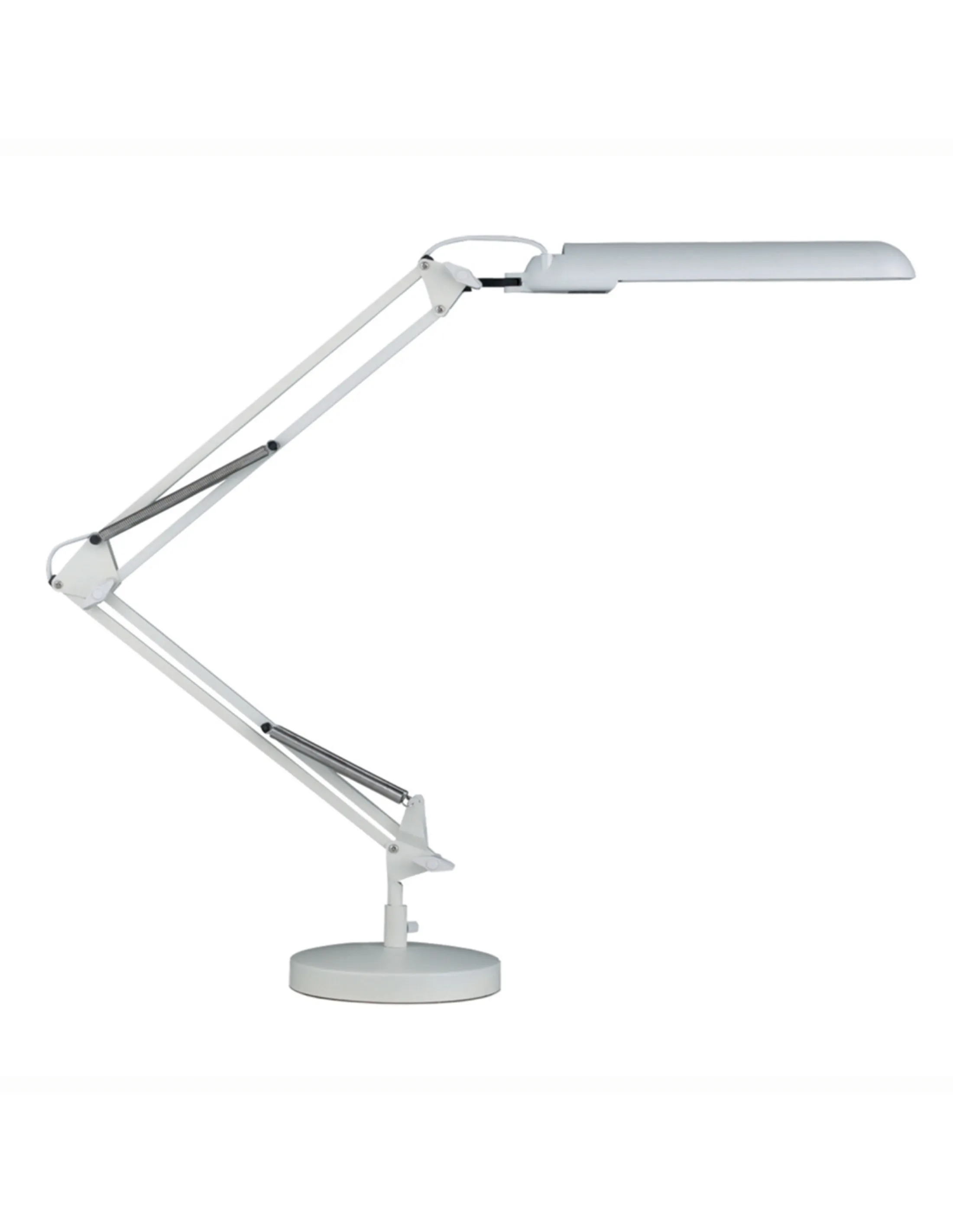 Witte bureaulamp met rechthoekig licht, verstelbare armen en een ronde voet, tegen een witte achtergrond.