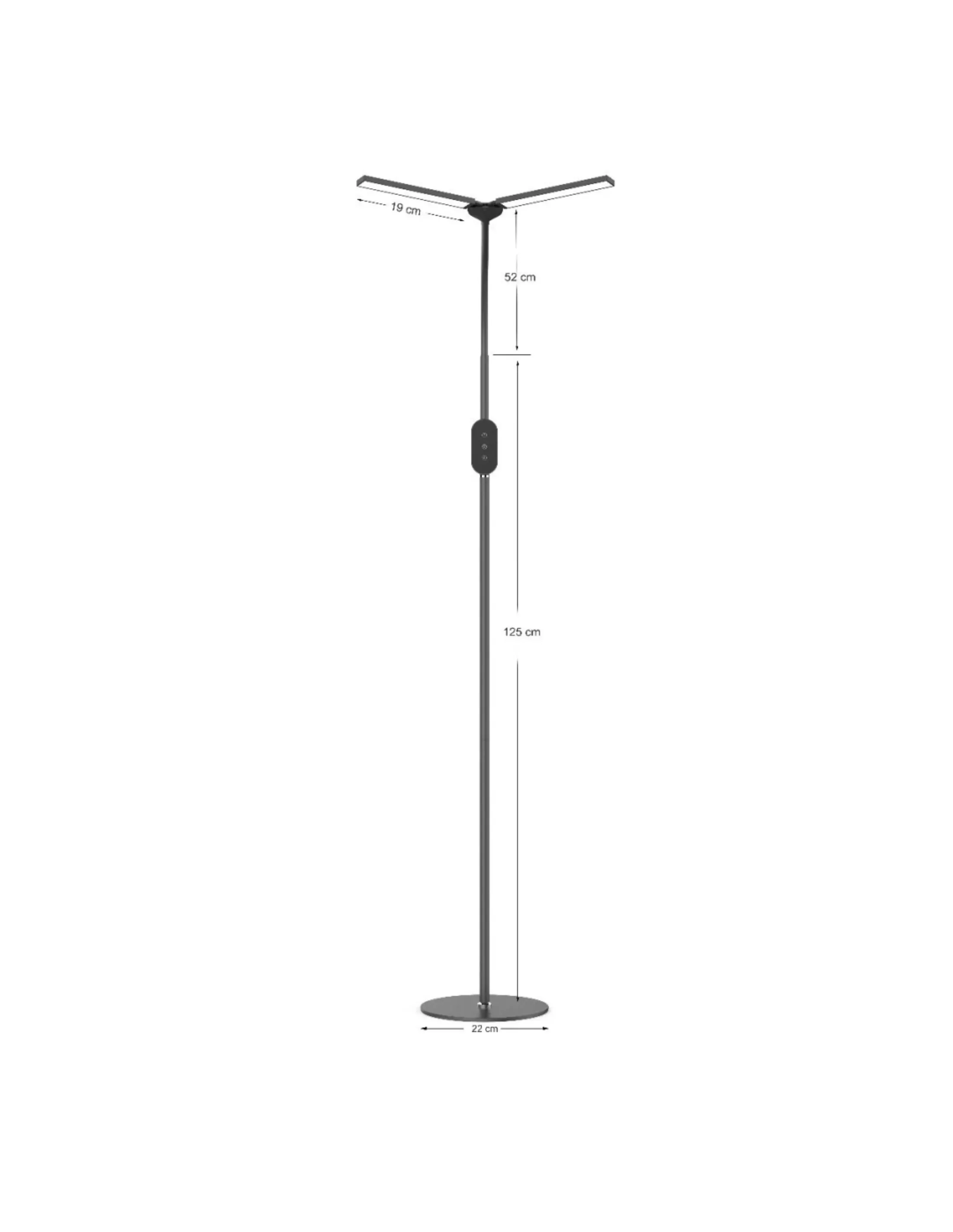 Een moderne vloerlamp met drie lichtarmen. Hij is donkergrijs met afmetingen aangegeven.