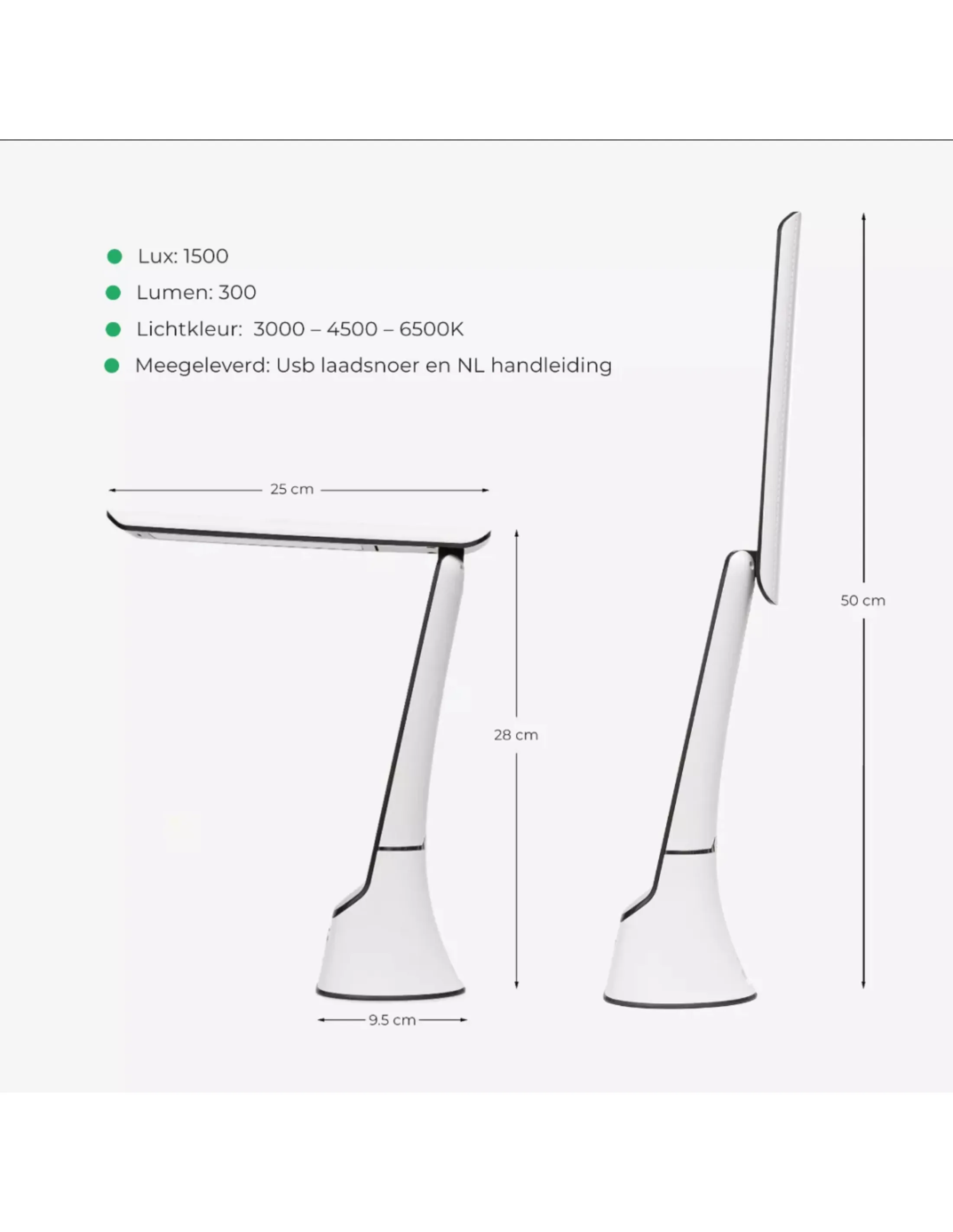 Twee witte bureaulampen. Eén lamp is opgevouwen, de andere is open. Afmetingen: 50 cm, 28 cm, 25 cm en 9,5 cm.