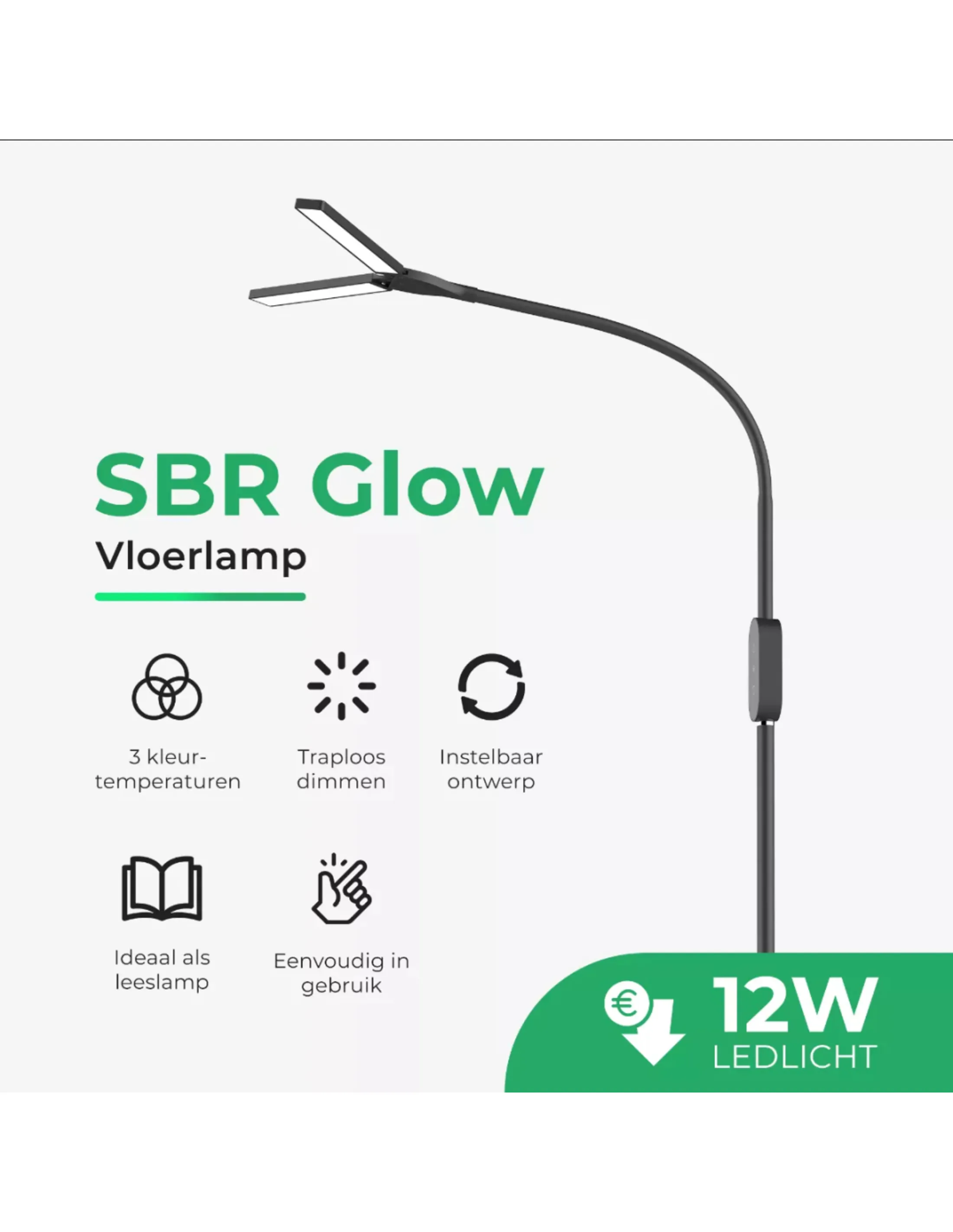 Moderne zwarte vloerlamp met gebogen steel en twee lichtpanelen. Groene tekst toont kenmerken en 12W LED.