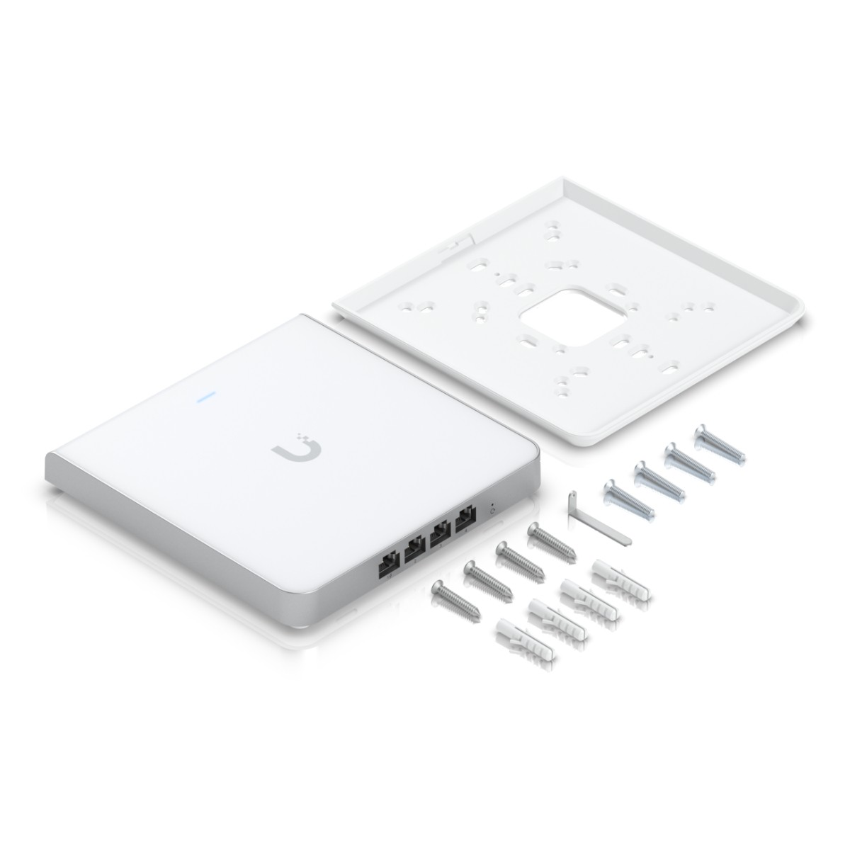 White network device with silver trim, open mounting plate, screws, and wall anchors on a white background.