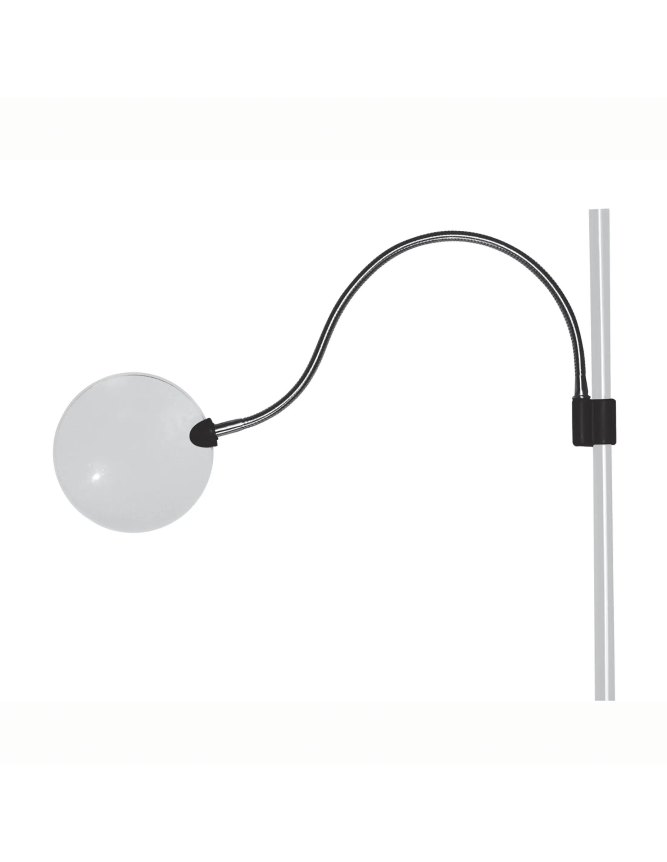 Een bureaulamp met rond licht en een flexibele arm, bevestigd aan een verticale staaf.