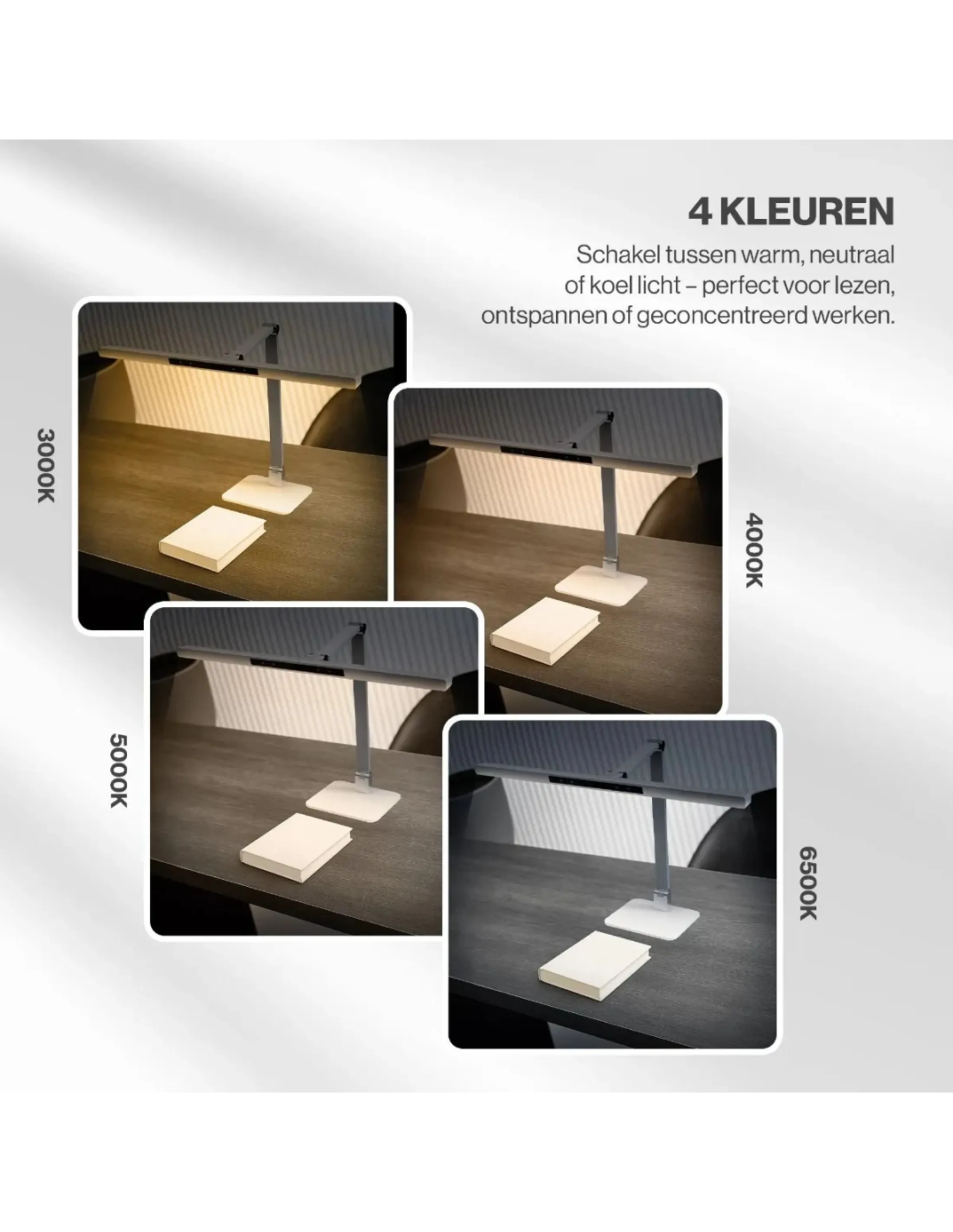 Afbeelding toont een lamp met instelbare kleurtemperaturen, een boek en tekst over de functies.