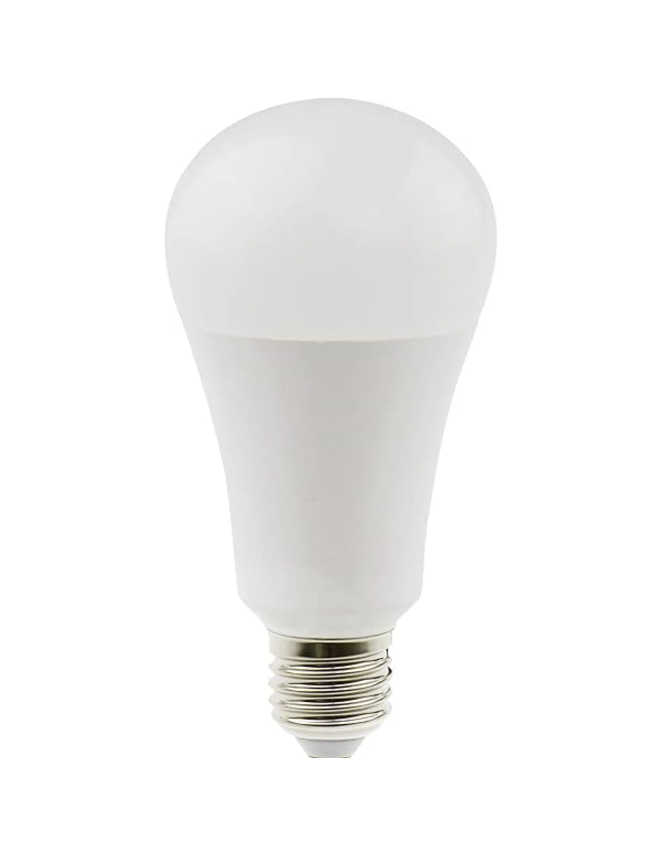 Een witte LED-lamp met afgeronde bovenkant en zilveren voet, geïsoleerd tegen een witte achtergrond.