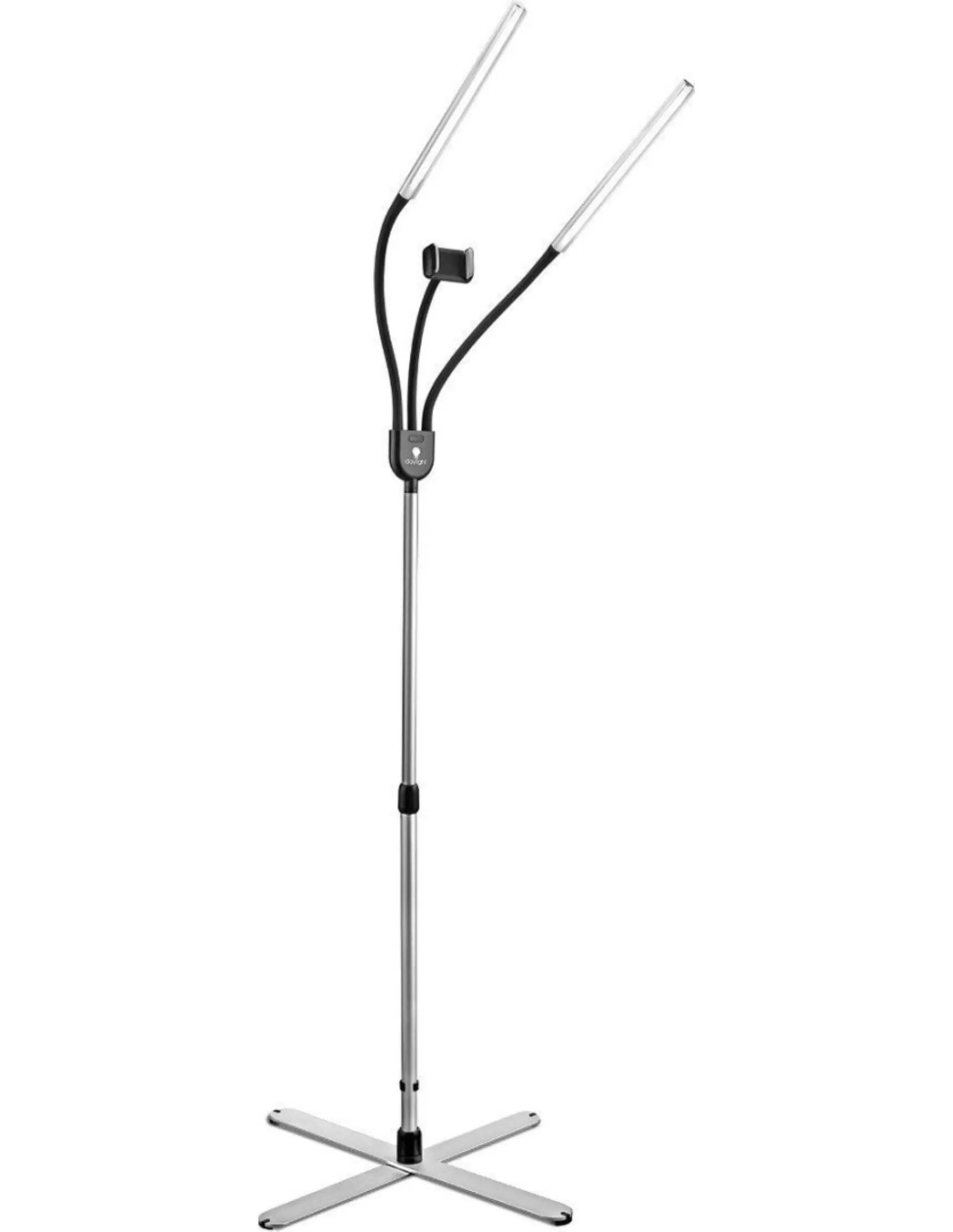 Een zilver-zwarte verstelbare ringlichtstandaard met twee lampen en een telefoonhouder, op een witte achtergrond.