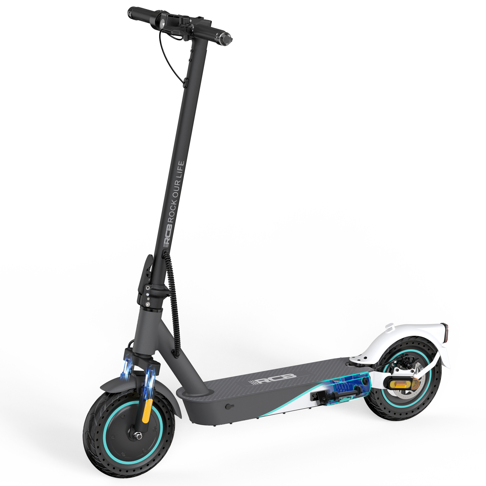 Een zwart-grijze elektrische scooter met blauwe accenten wordt getoond tegen een witte achtergrond.