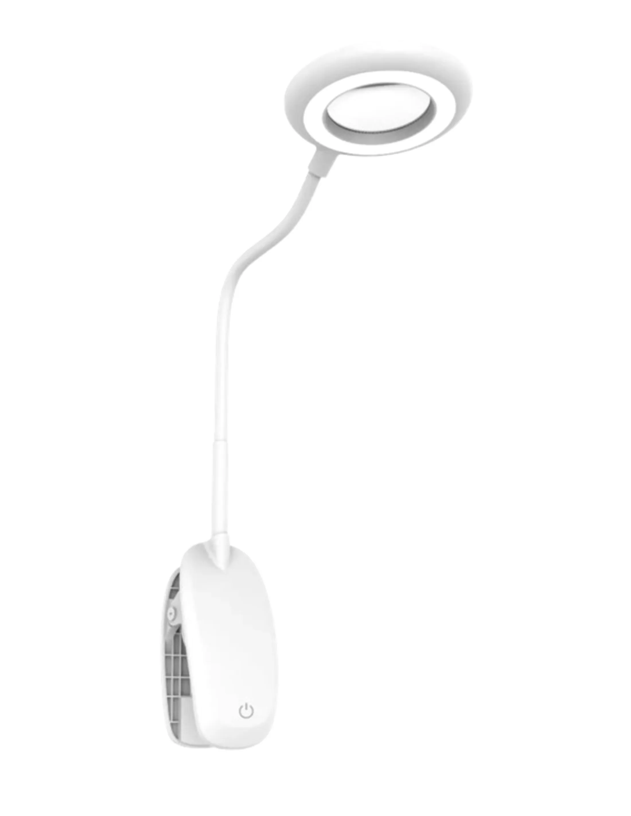 Een witte LED-bureaulamp. Het heeft een ronde lichtkop, een flexibele arm en een clipvoet.