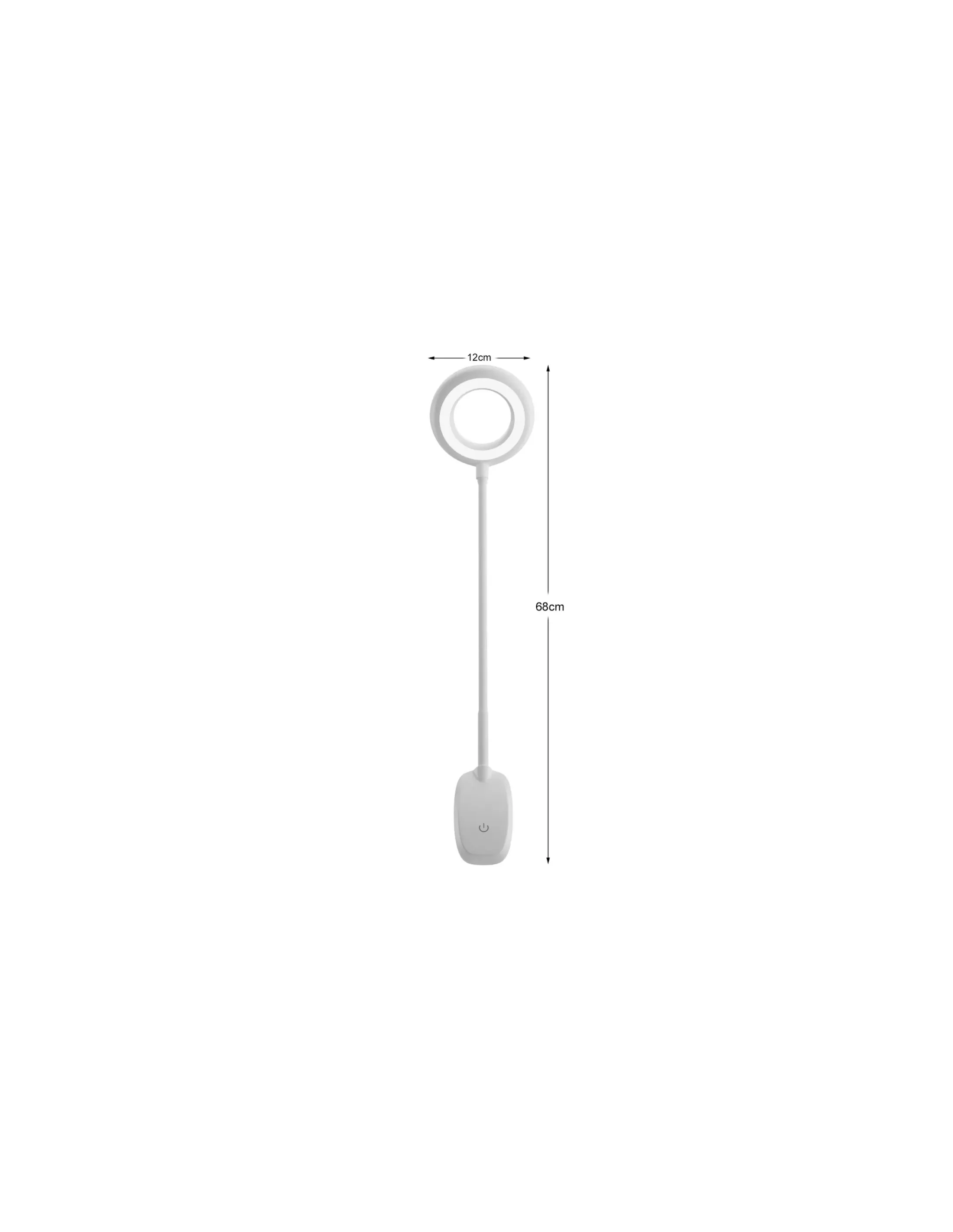Witte bureaulamp met een cirkelvormig licht, 12 cm, en een steel van 68 cm, met een aan/uit-knop.