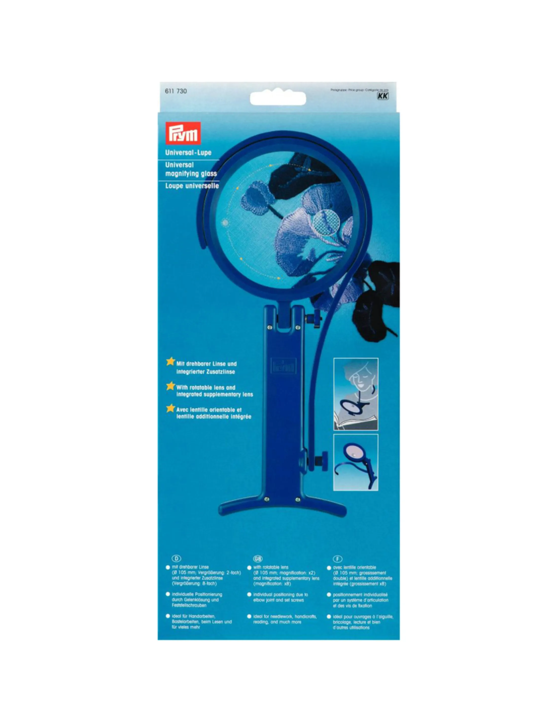 Een vergrootglasproduct in een blauw-witte verpakking. Het glas is rond, met een blauwe handgreep.
