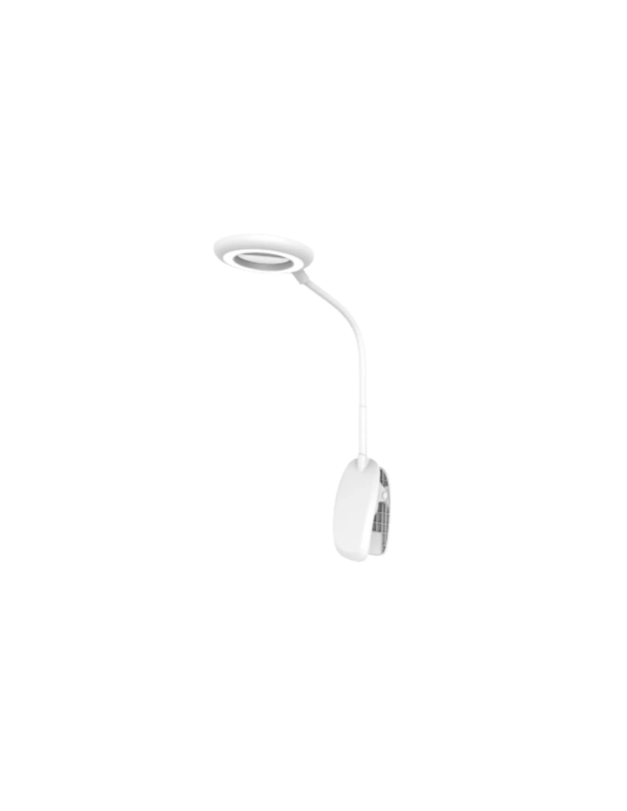Een witte bureaulamp met een ronde lichtkop en een clip-on voet, tegen een witte achtergrond.