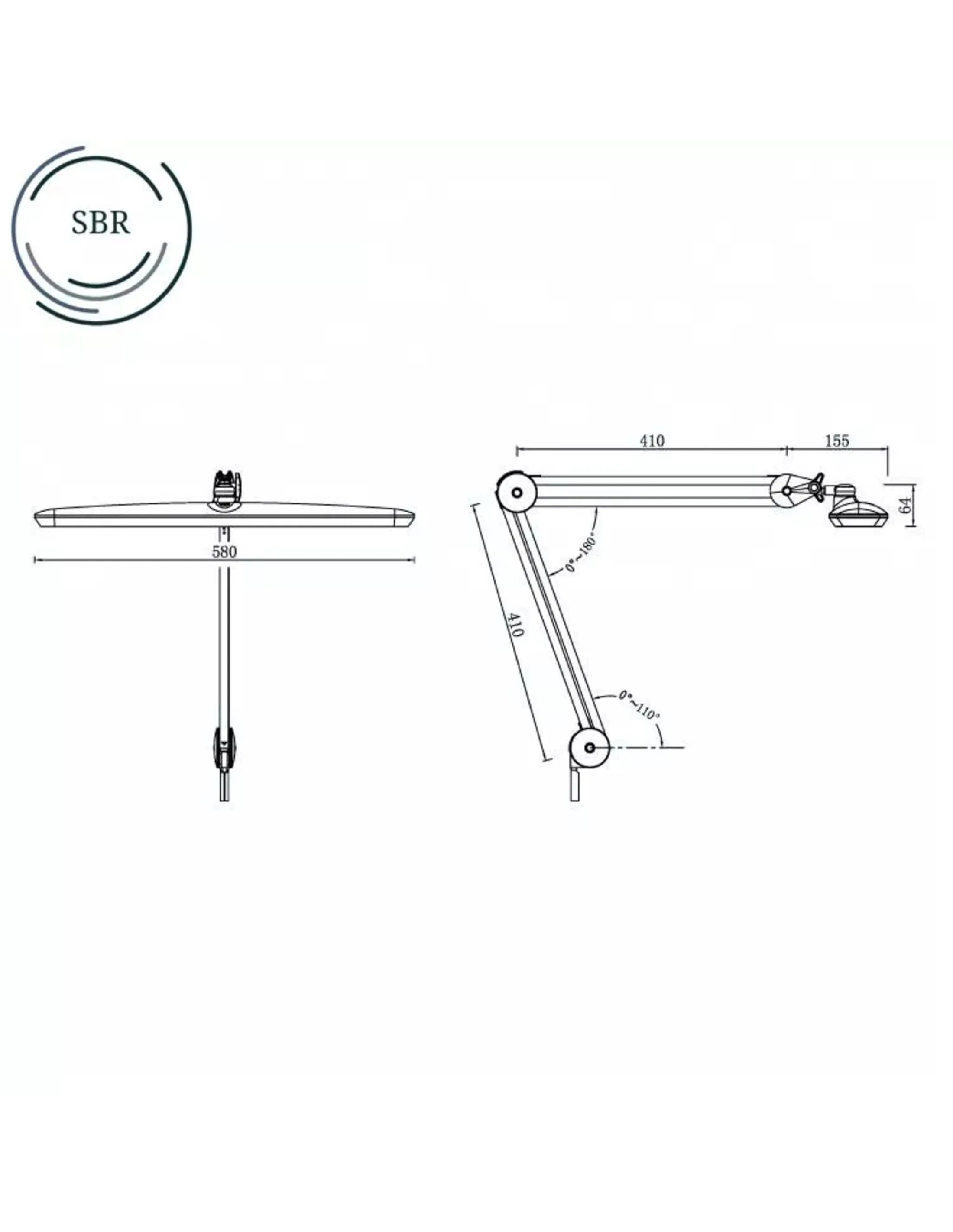 Technische tekening van een lamp. Toont afmetingen en hoeken. De lamp heeft een ronde voet en een verstelbare arm.