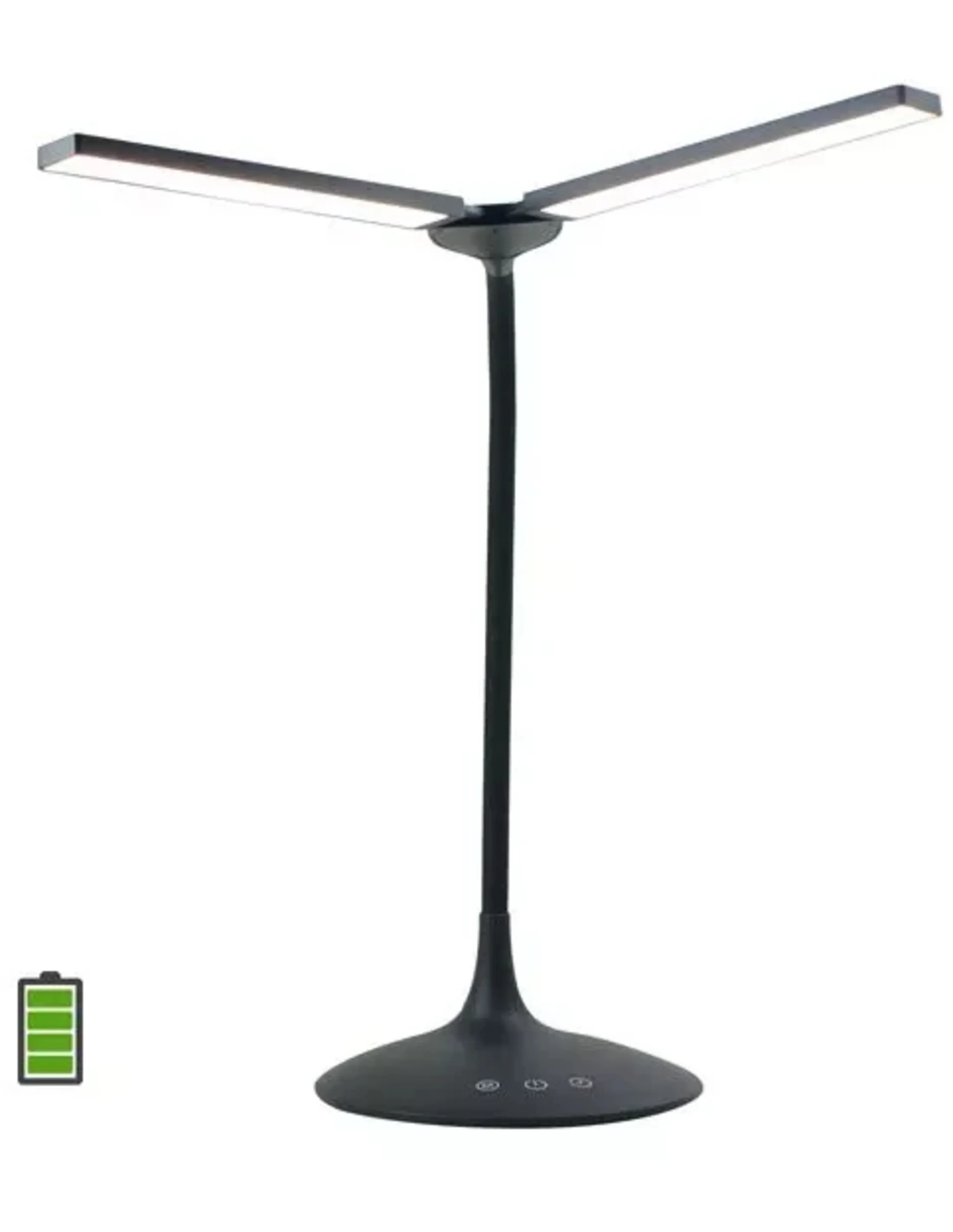 Een zwarte bureaulamp met drie lichtpanelen, een flexibele nek en een ronde voet met aanraakknoppen. Een batterij-icoon is zichtbaar.