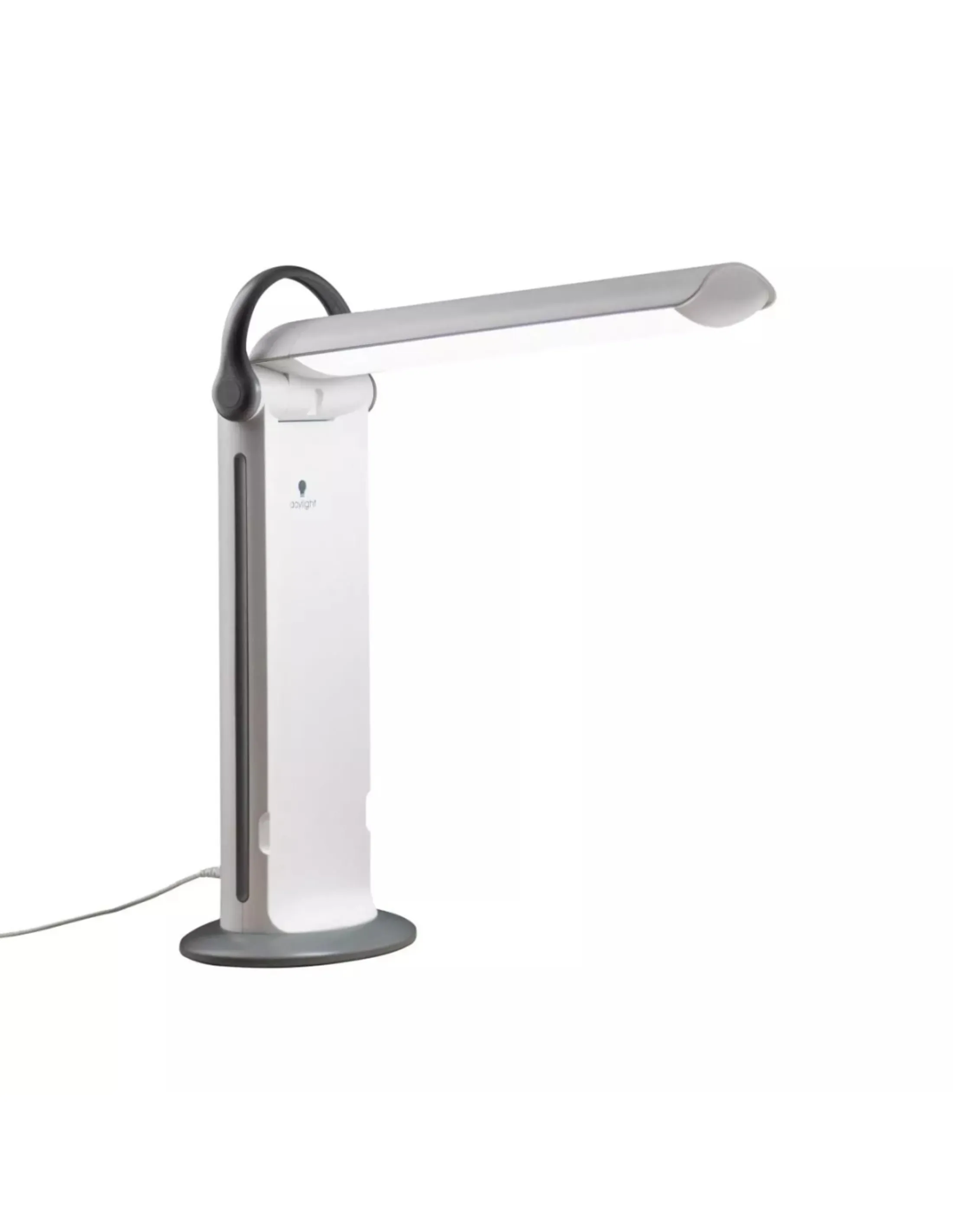 Een witte bureaulamp met een lange, rechthoekige lichtkop en een gebogen zwarte handgreep.