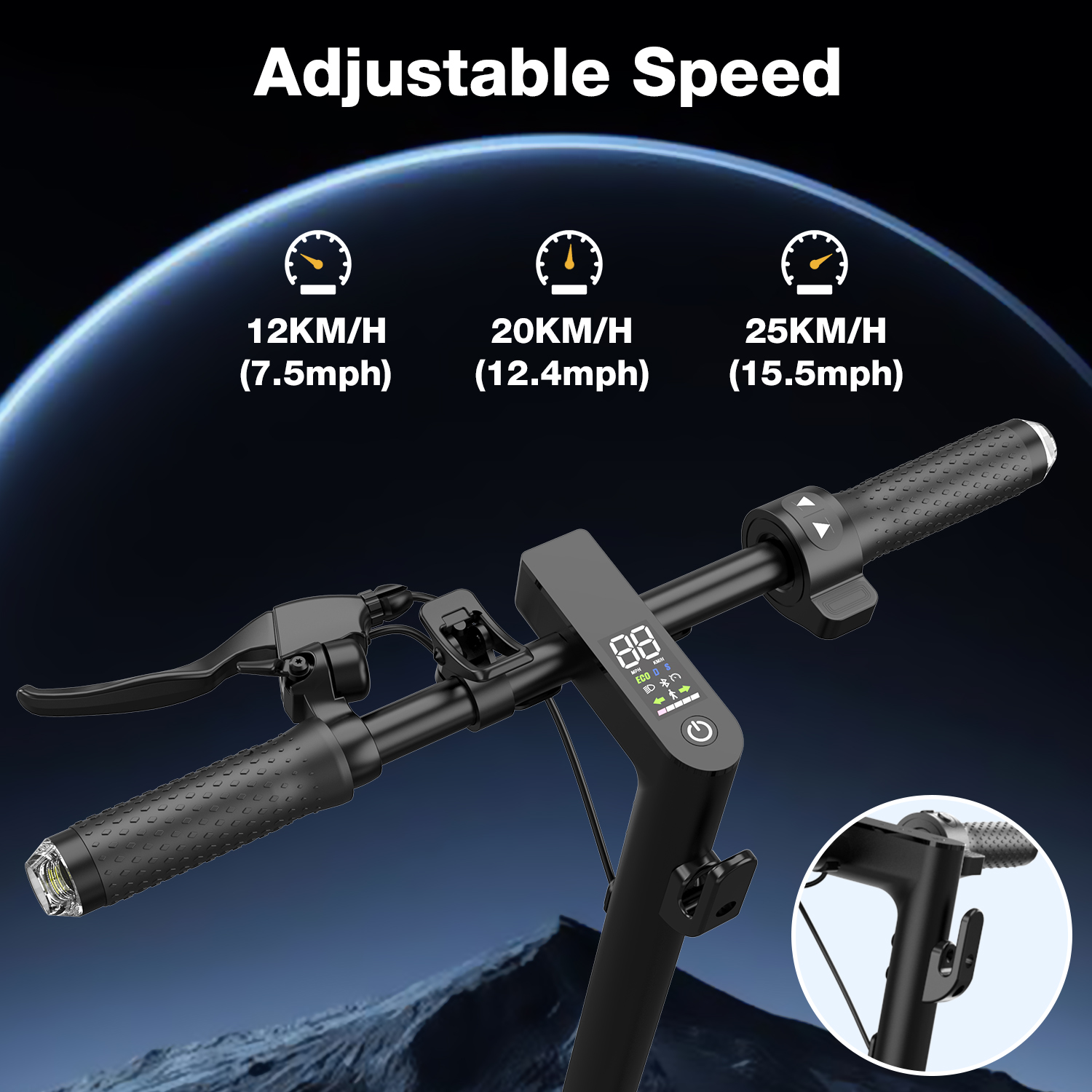 Black electric scooter handlebar. Speed options: 12, 20, and 25 KM/H. Includes a display and controls, with a light on the left.
