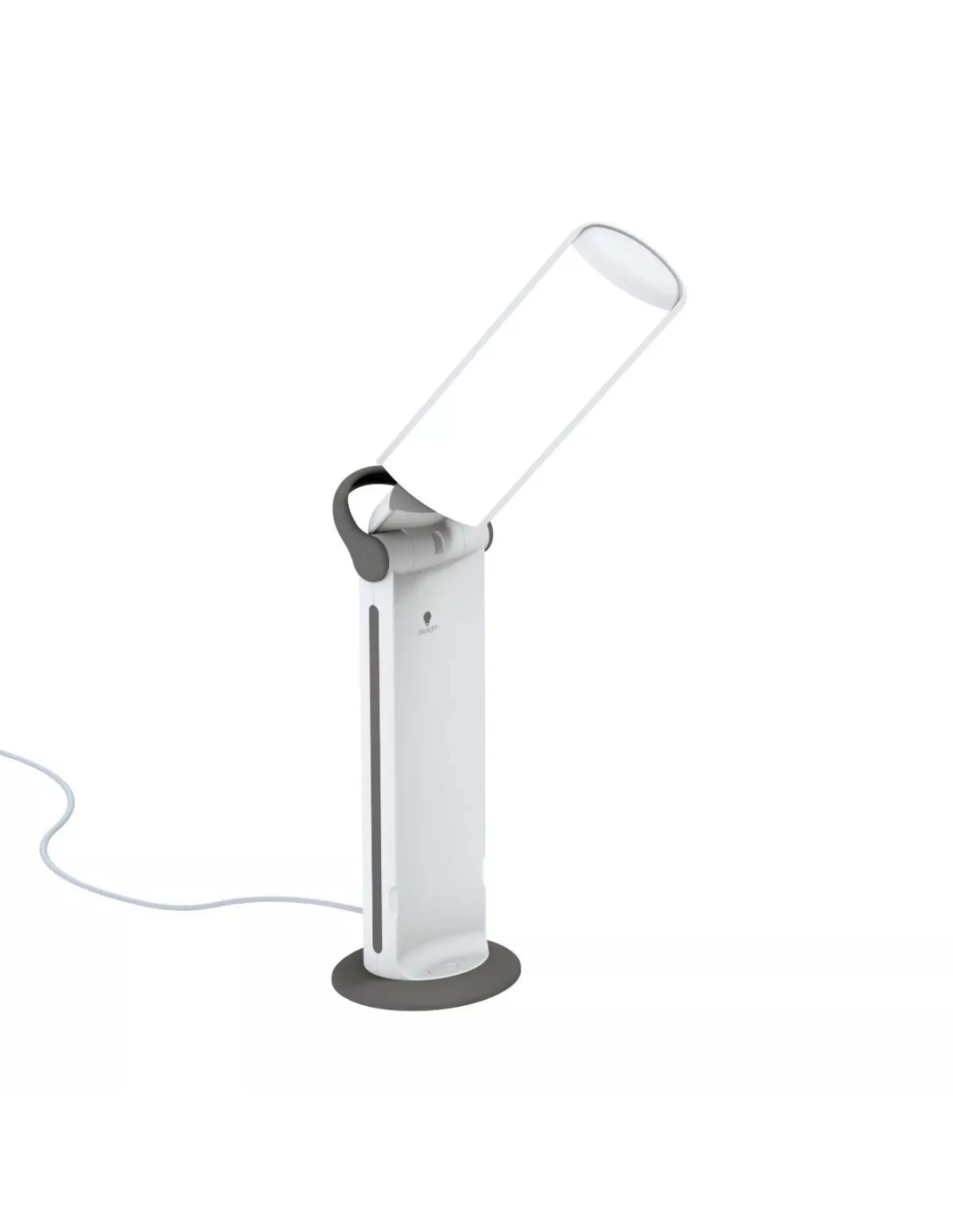 Een witte bureaulamp met een rechthoekig lichtpaneel en een grijze basis, omhoog gekanteld. Een snoer is aangesloten.