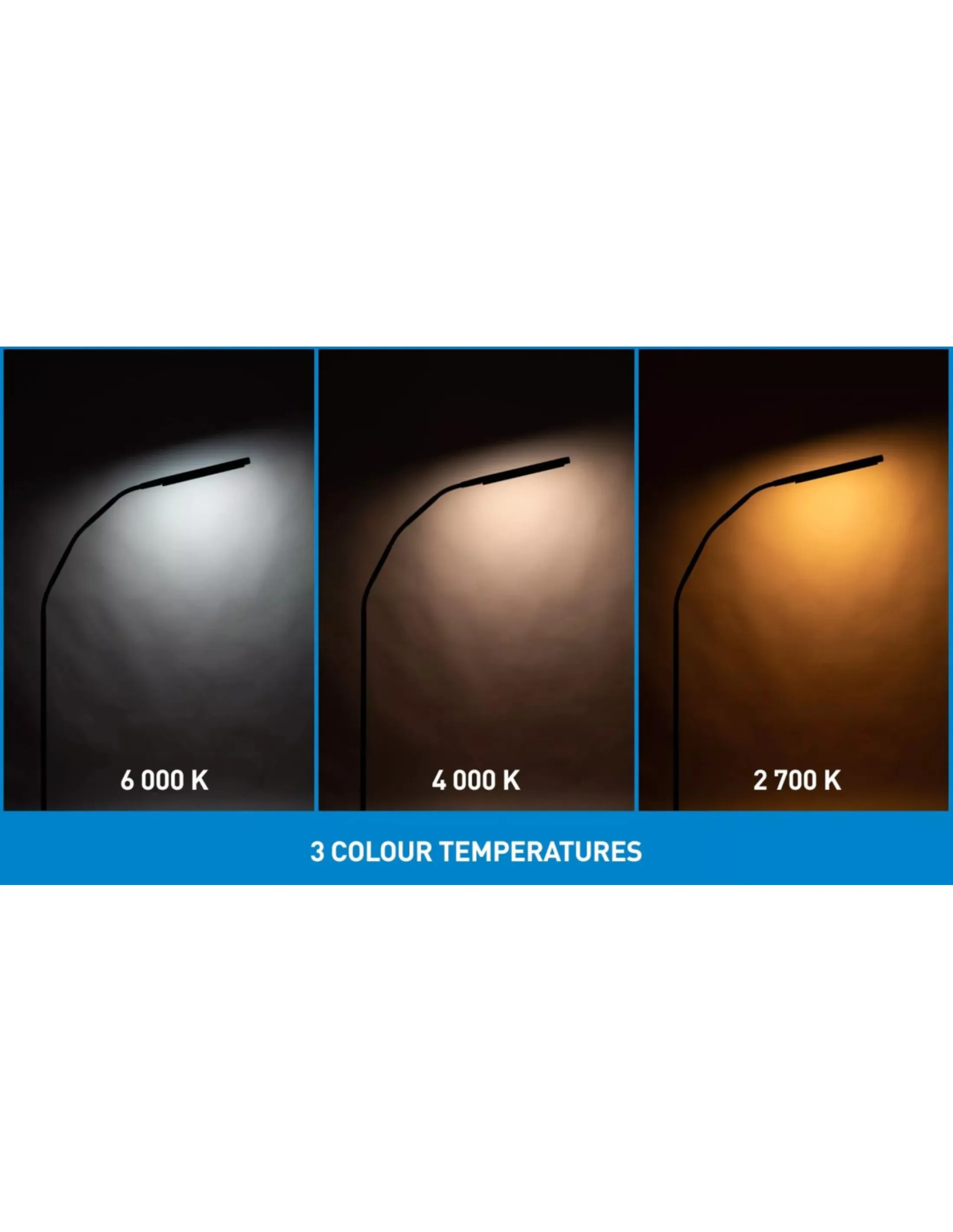 Afbeelding toont drie lampen met verschillende kleurtemperaturen: wit, warm wit en geel. Tekst eronder luidt: 3 kleurtemperaturen.