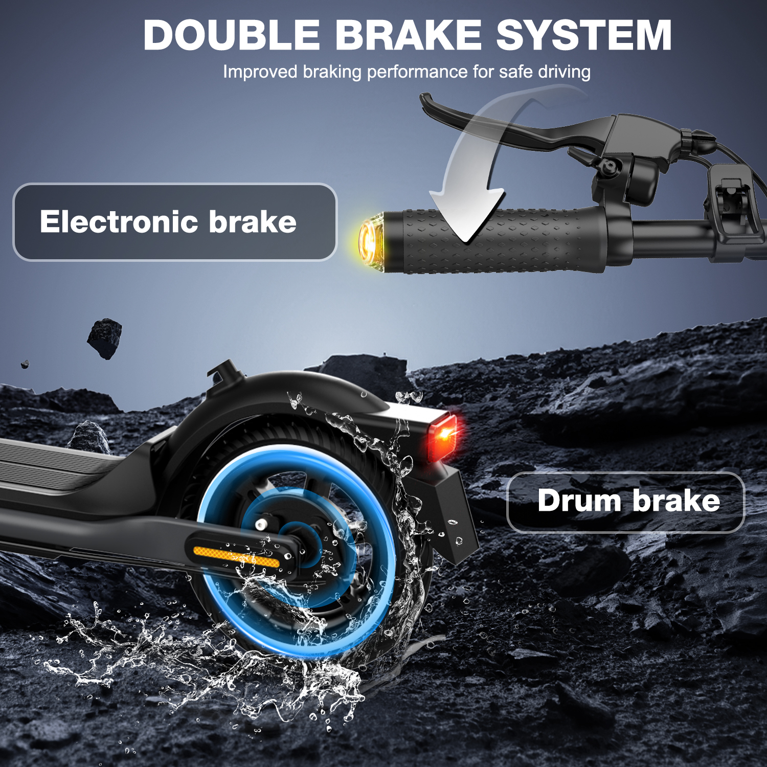 An e-scooter with double brake system. The image shows electronic and drum brakes. Water splashes around the rear wheel. The background is rocky.
