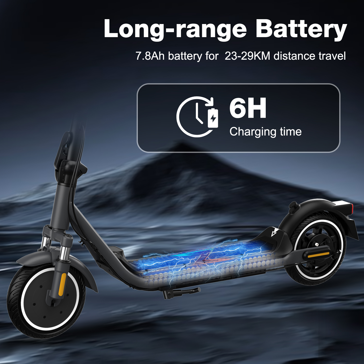 Black electric scooter with a cutaway showing the battery. Text states long-range battery, 6-hour charging, and 23-29KM travel.