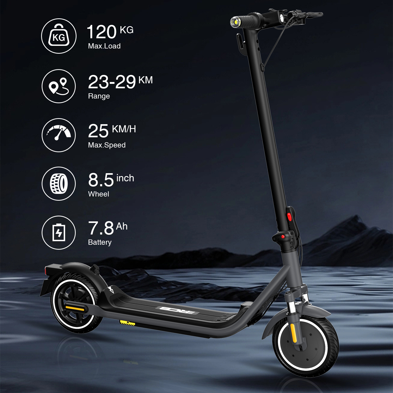 Black electric scooter with specs: 120kg max load, 23-29km range, 25km/h max speed, 8.5 inch wheel, and 7.8Ah battery.