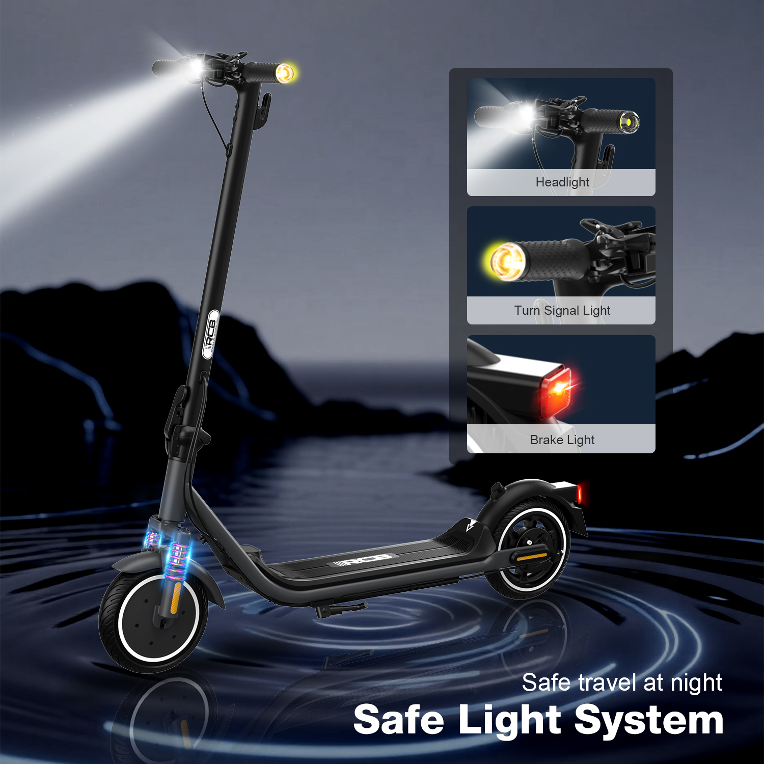 Black electric scooter with bright lights, showcasing headlight, signal light, and brake light. 'Safe Light System' is written below.