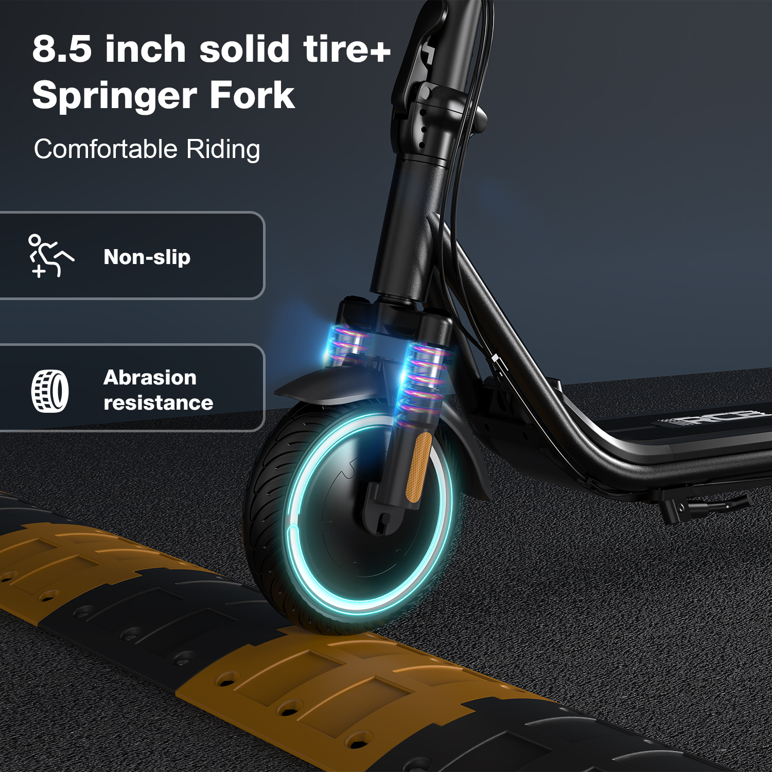 Black electric scooter wheel on a speed bump. Text: 8.5 inch solid tire, springer fork, non-slip, abrasion resistance.
