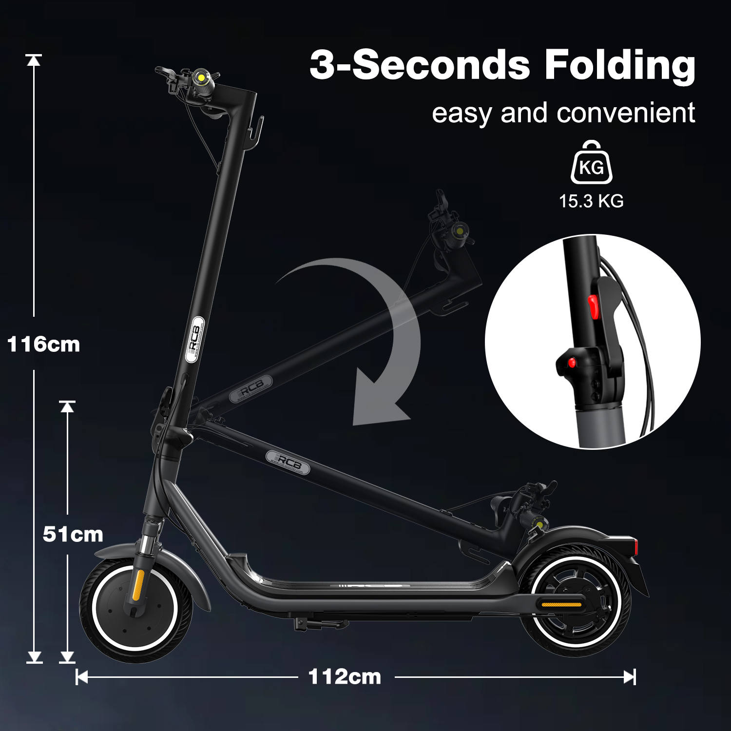 Black electric scooter. 3-seconds folding design. Dimensions are labeled: 116cm height, 51cm front height, and 112cm length. Weight: 15.3 KG.