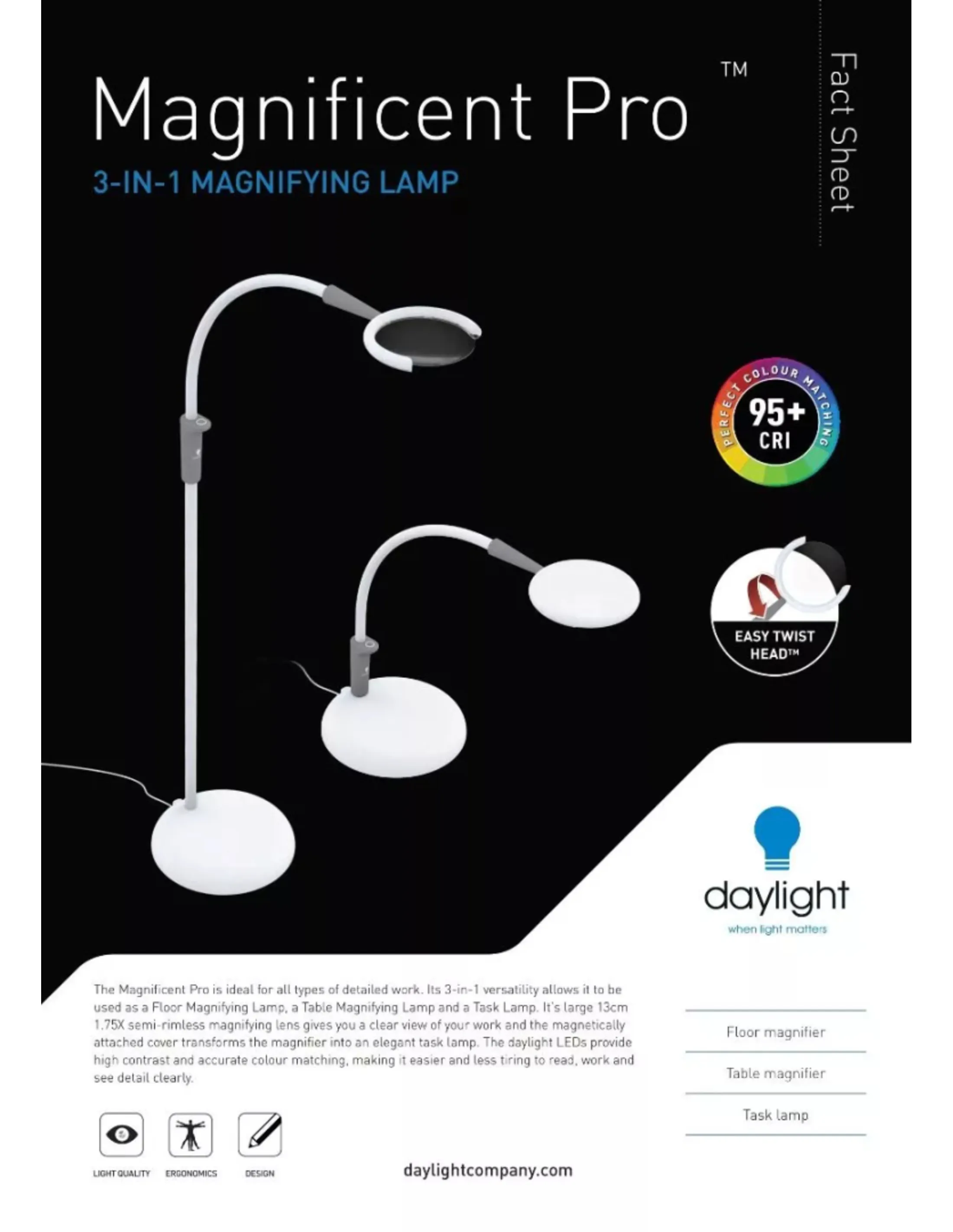 Witte vergrootlamp met ronde voet en gebogen arm. Tekst luidt 'Magnificent Pro'.
