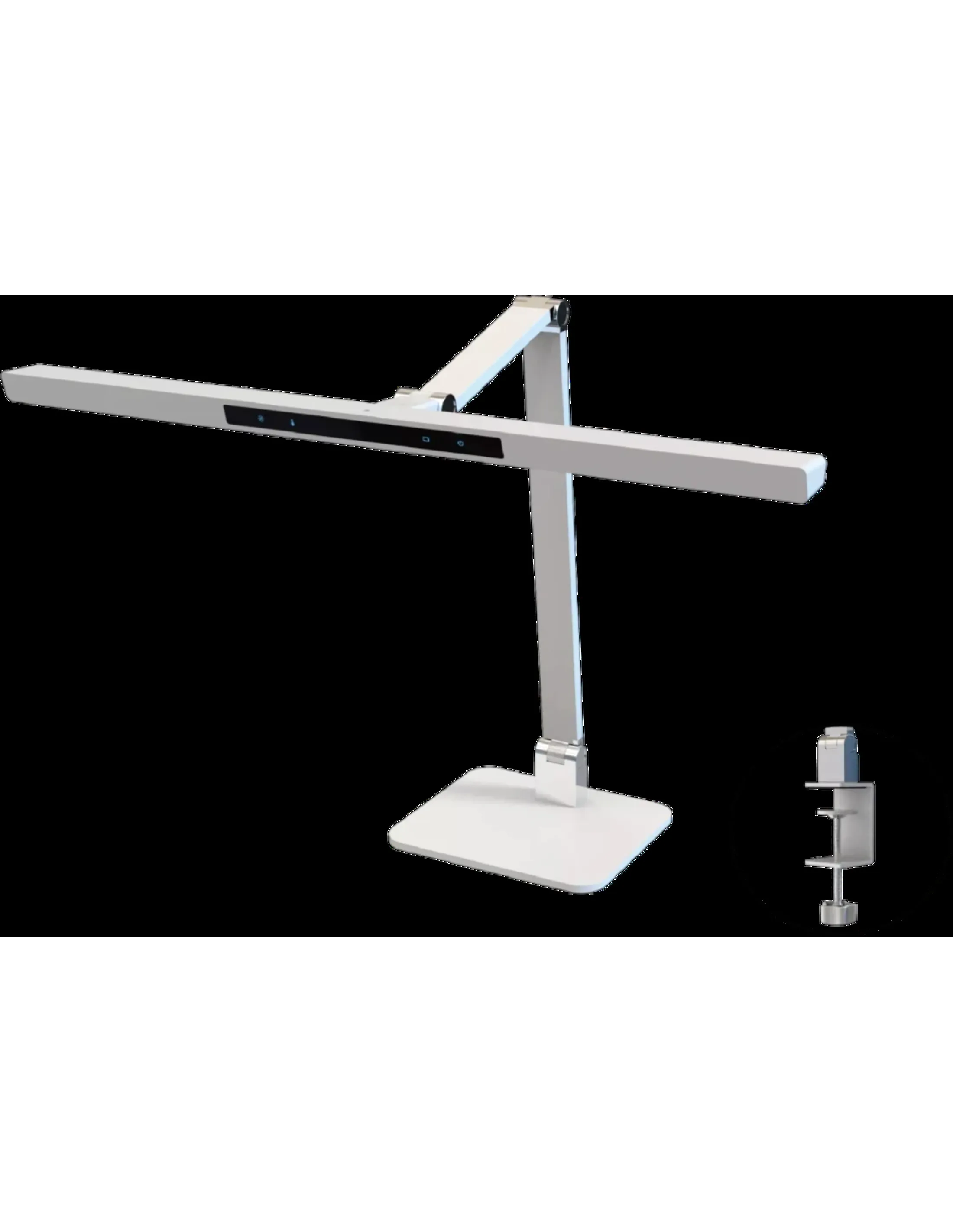 Een witte bureaulamp met een klem. Hij heeft een rechthoekige voet en een lange, verstelbare arm.