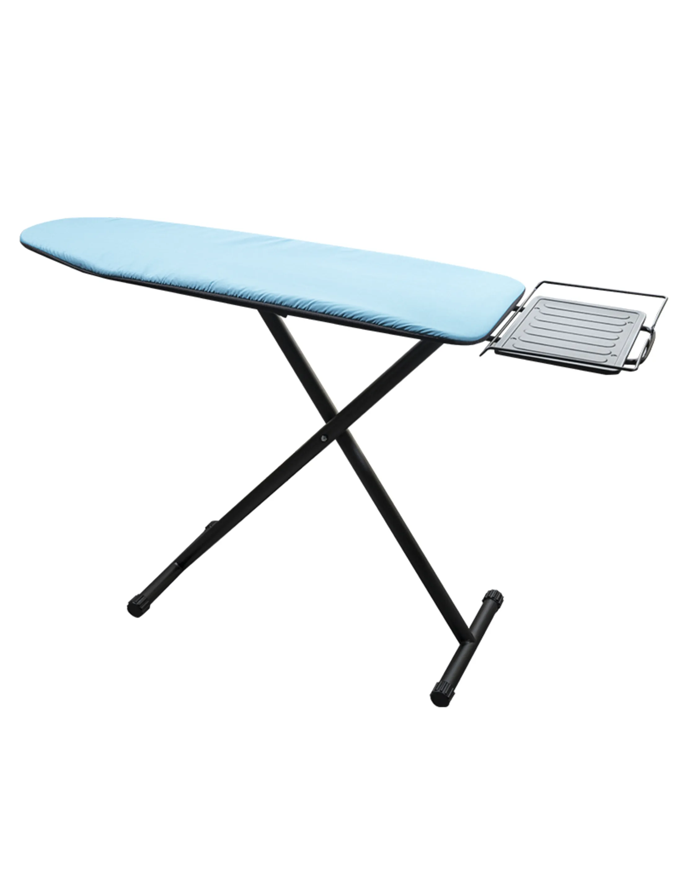 An ironing board with a light blue cover and black legs, with a small metal tray attached.