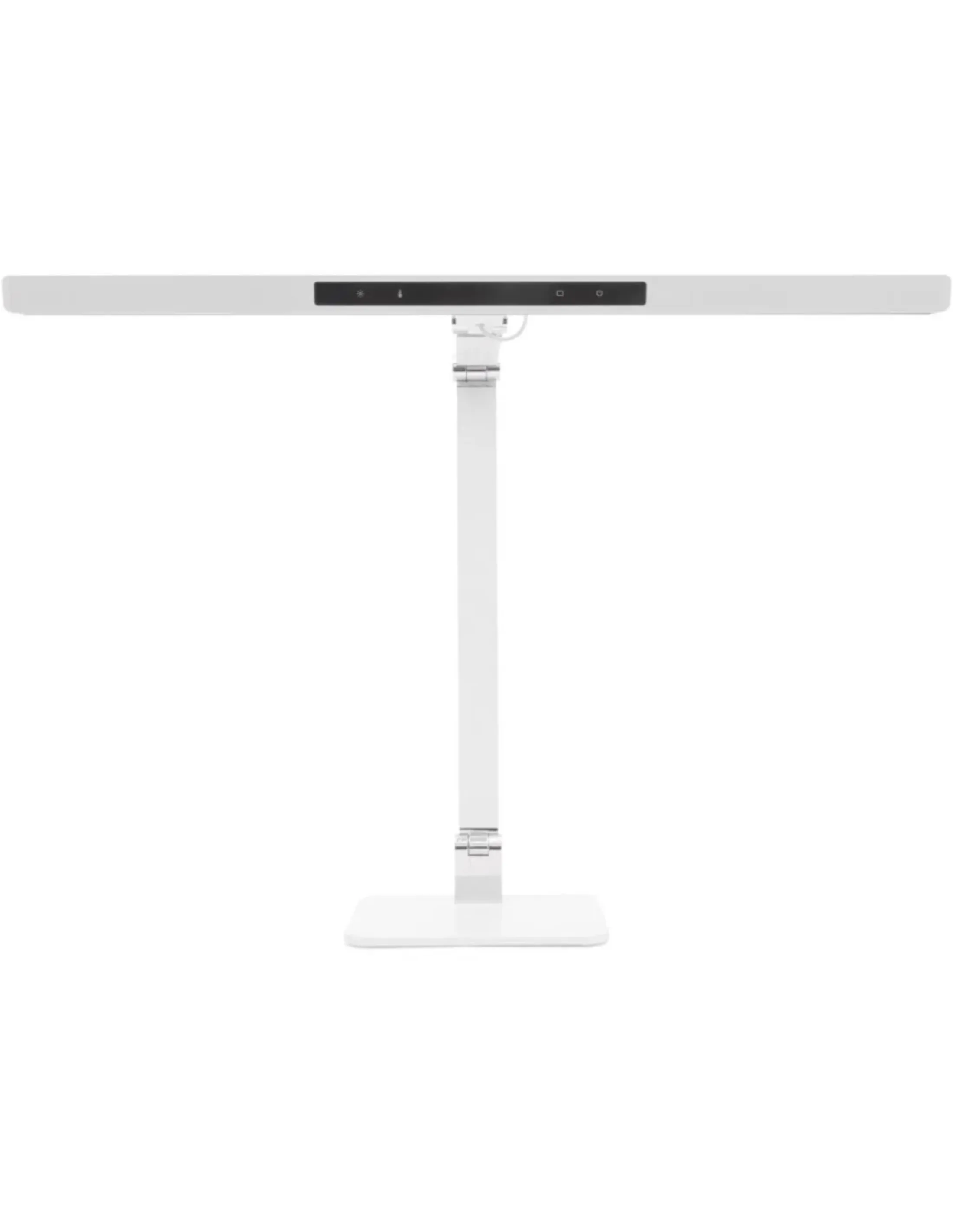 Een witte bureaulamp met een rechthoekige voet en een lange horizontale lichtbalk.