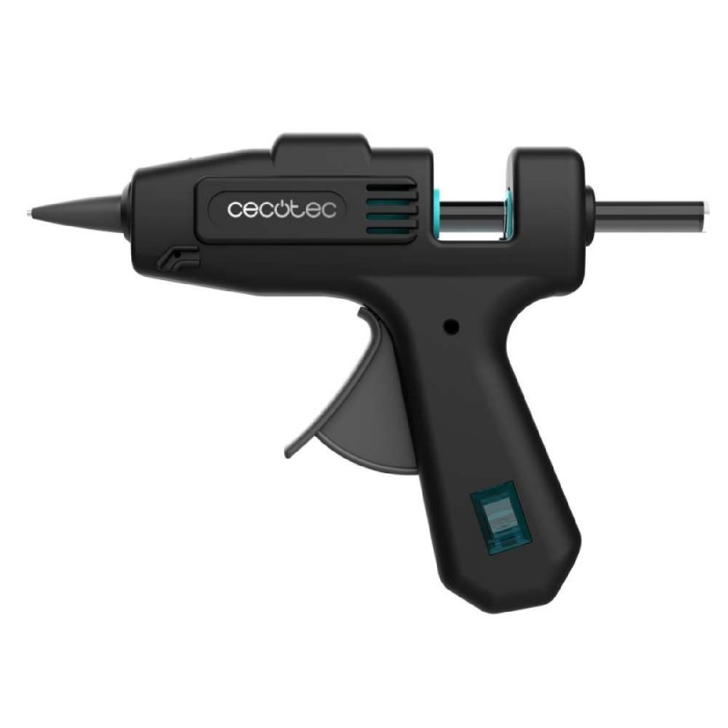 Pistola per colla Cecotec nera su sfondo bianco. Ha un grilletto, un ugello e un indicatore di alimentazione. Il design è ergonomico.