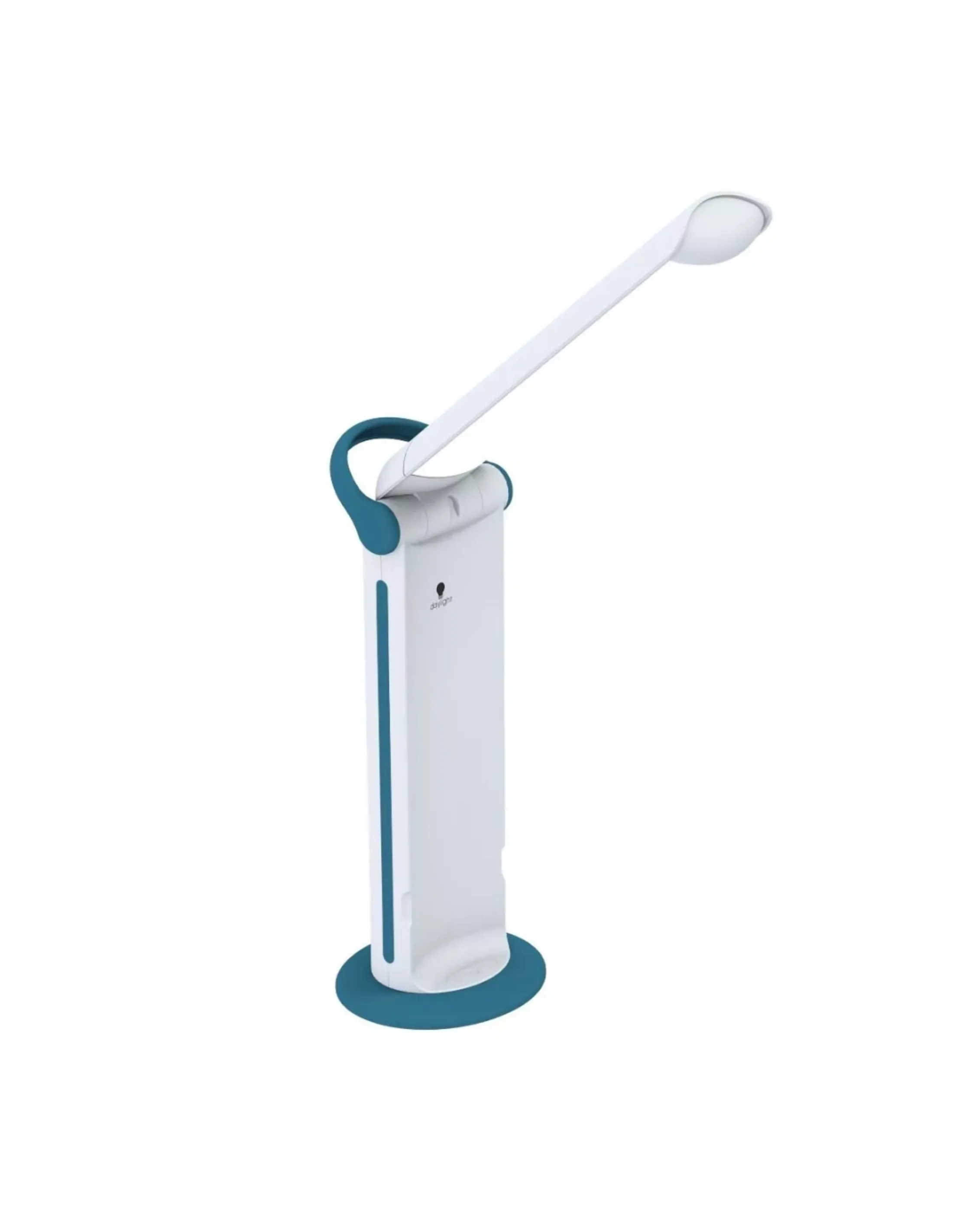 Een witte en blauwgroene bureaulamp. Het heeft een lange, flexibele arm en een ronde voet. De lamp staat op een witte achtergrond.