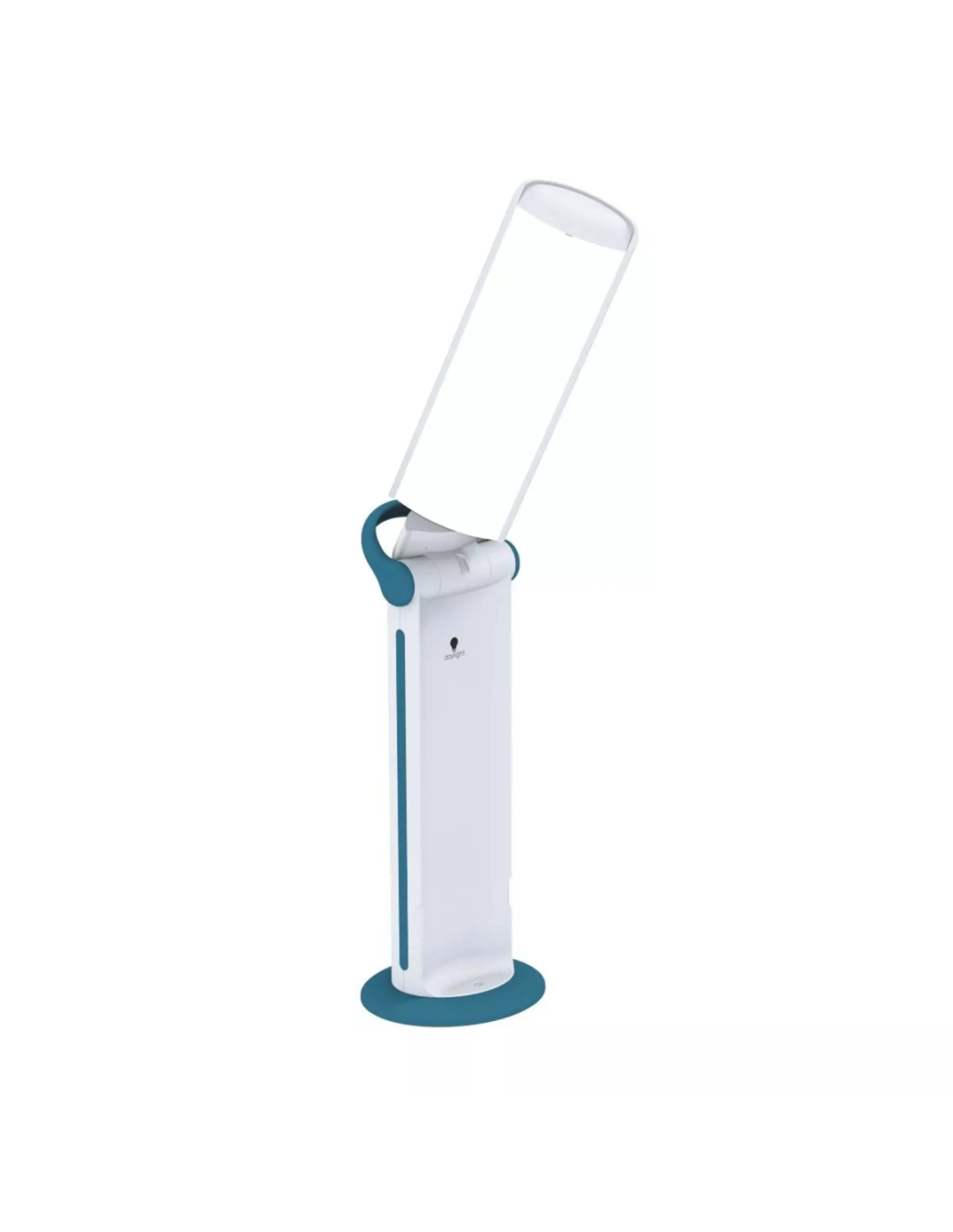 Een witte en blauwgroene daglichtlamp staat rechtop. De lamp heeft een rechthoekig lichtpaneel en een ronde voet.