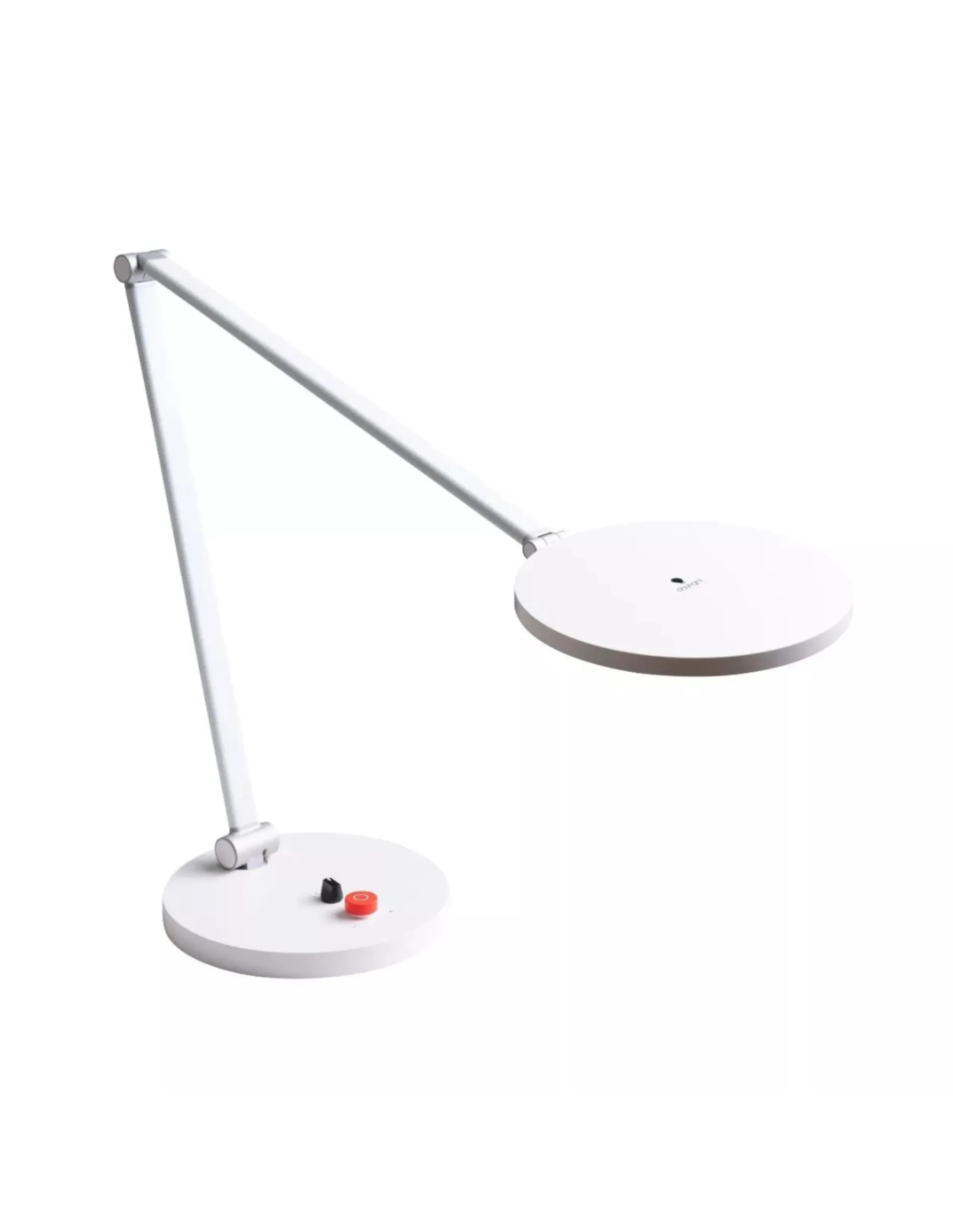 Een witte bureaulamp met een ronde basis en kop. Het heeft een zwarte en een rode knop.