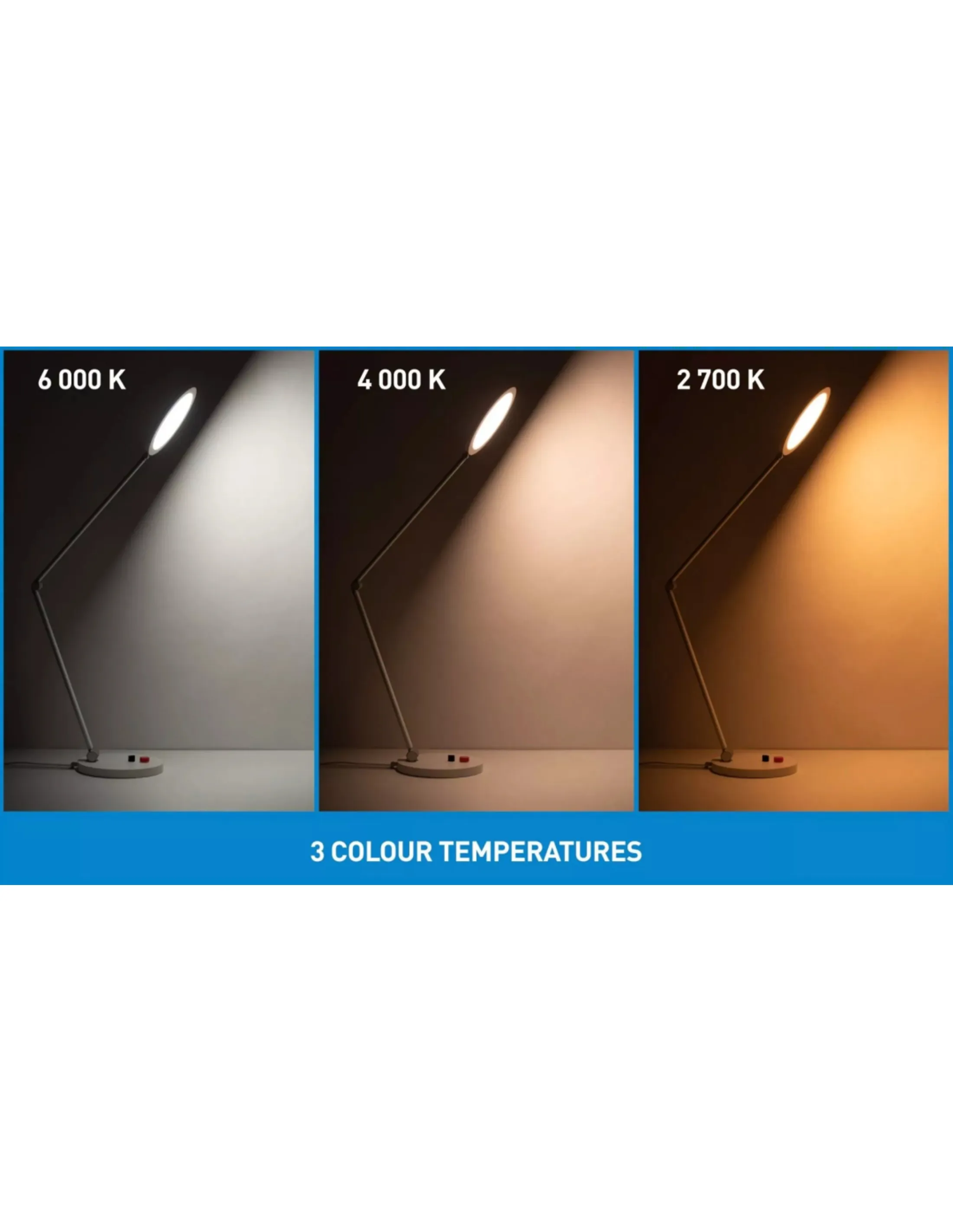 Drie lampen, elk met verschillende kleurtemperaturen: 6000K, 4000K en 2700K. De lampen verlichten een oppervlak.
