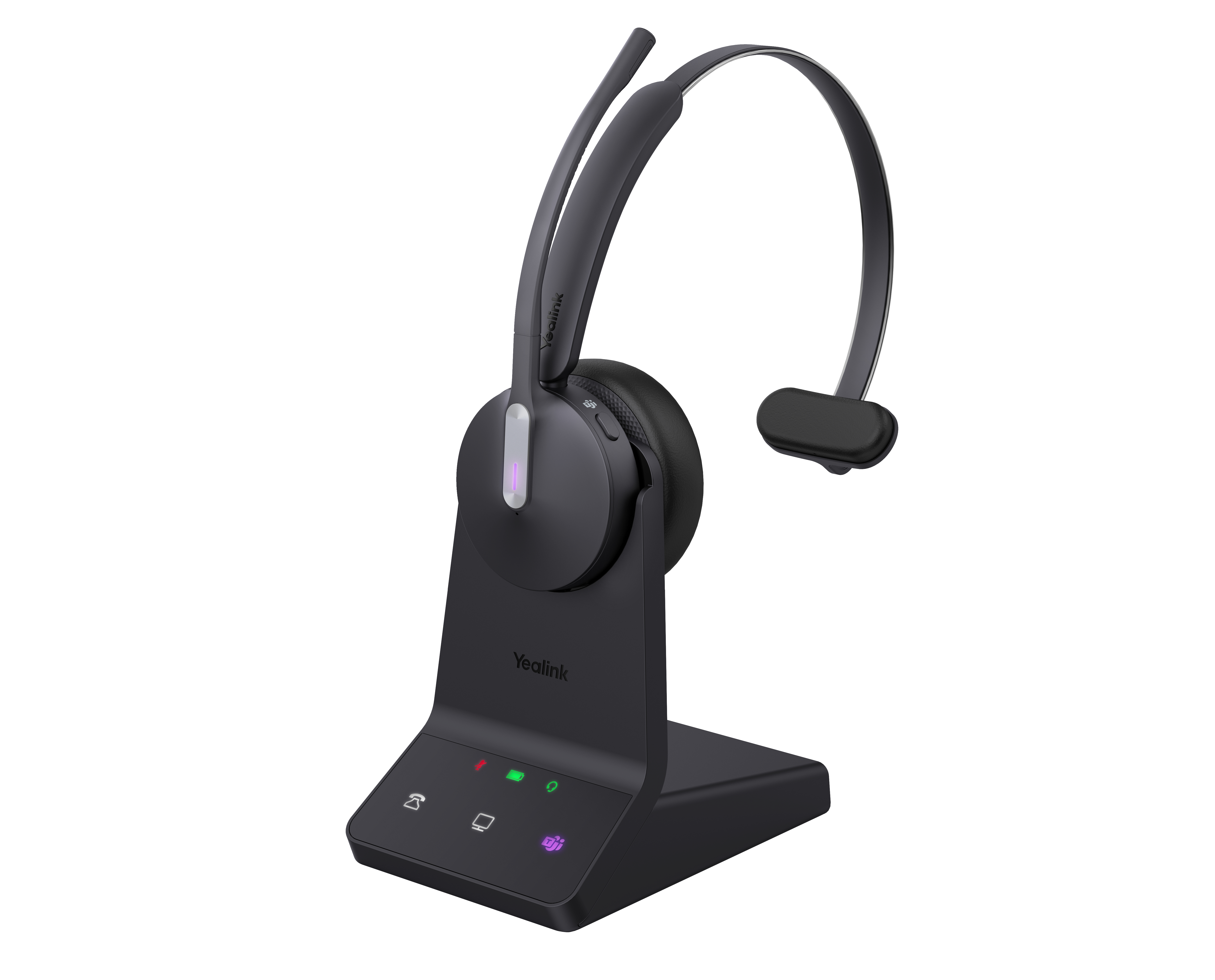 Casque sans fil Yealink noir sur sa base de chargement. La base comporte plusieurs icônes éclairées.