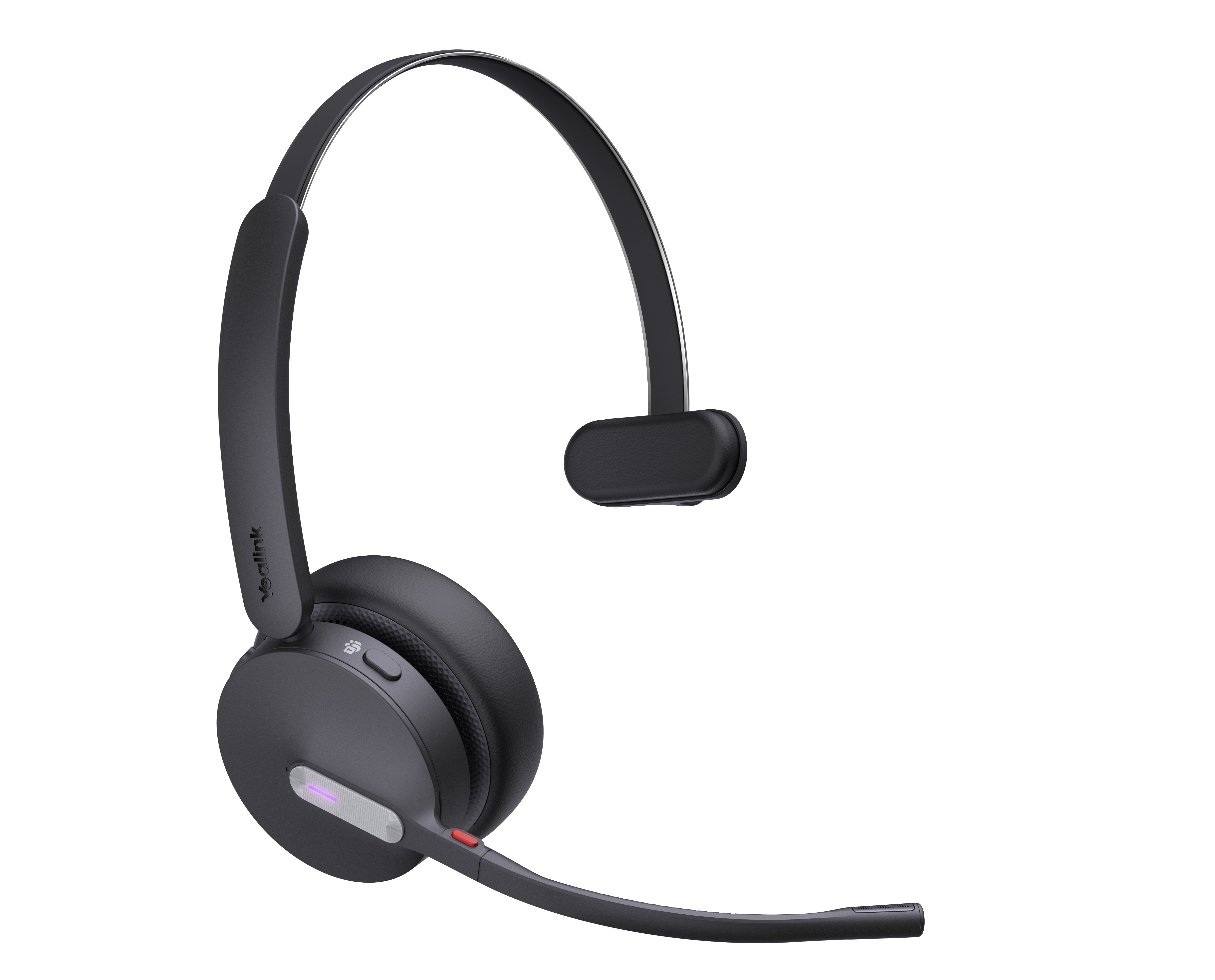 Un casque gris foncé avec un microphone. Il porte la marque Yealink. Le fond est blanc.
