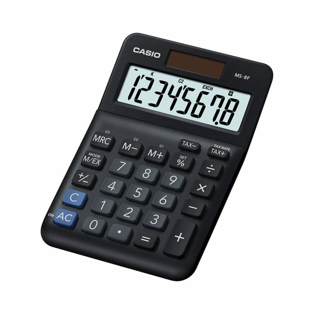 Une calculatrice noire Casio MS-8F affichant le nombre 1234567.8. Elle comporte divers boutons pour les calculs et les fonctions.