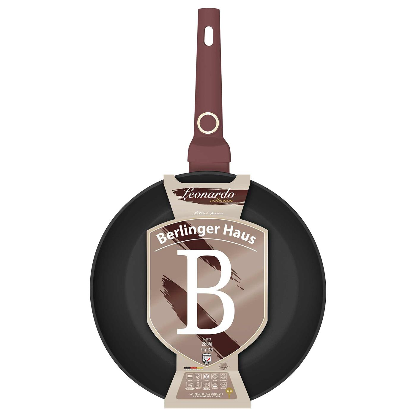 Una sartén negra con un mango marrón. Tiene un logo que dice 'Berlinger Haus'. La sartén es apta para todas las encimeras, incluida la inducción.
