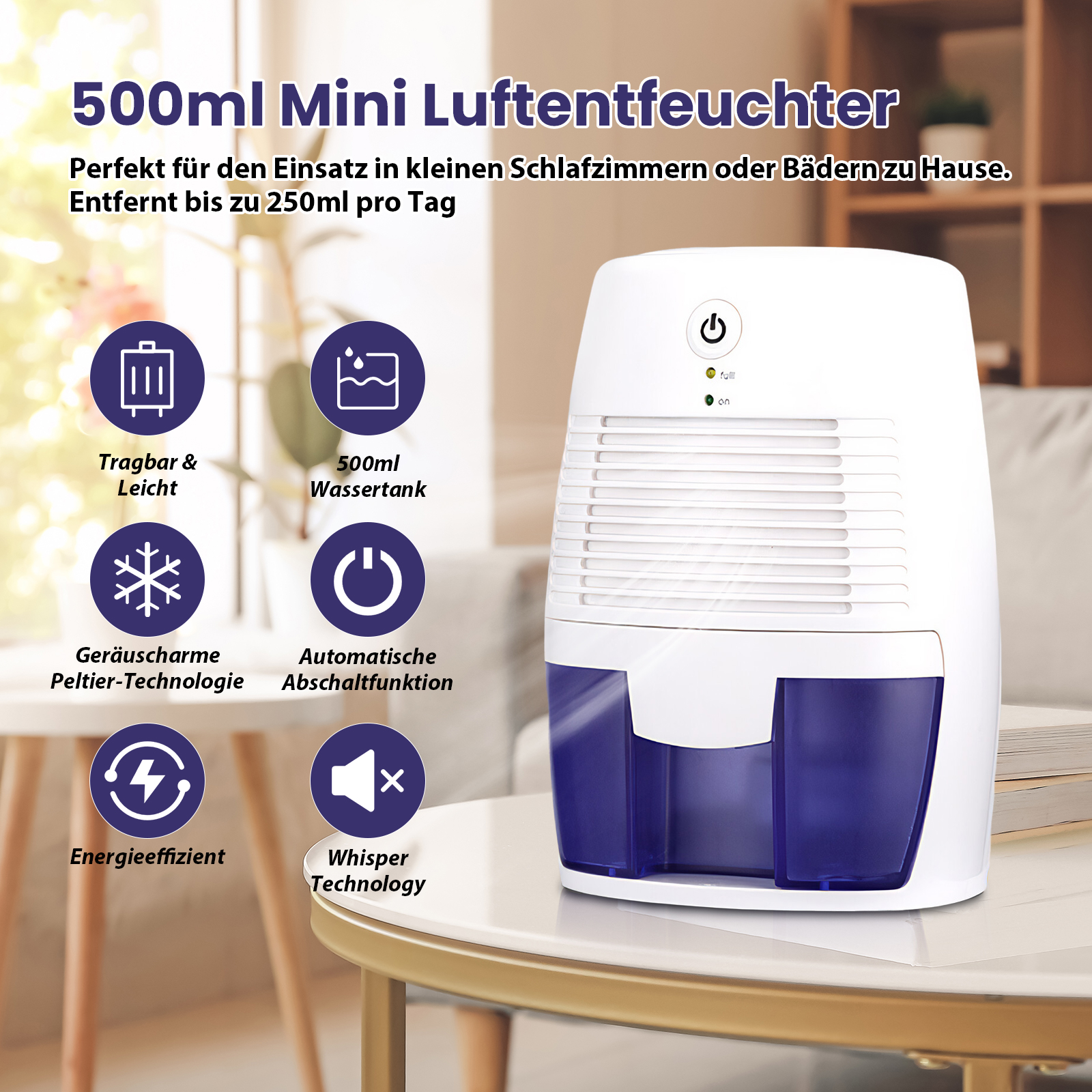 Ein weißer Luftentfeuchter mit blauem Wassertank steht auf einem weißen Tisch. Text und Symbole erklären seine Funktionen.