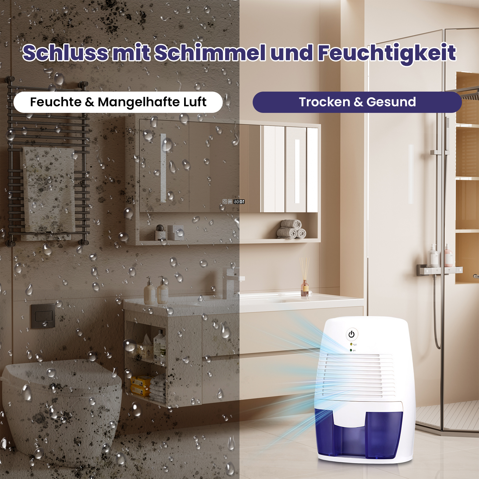 Das Bild zeigt ein Badezimmer, aufgeteilt in zwei Seiten, eine mit Schimmel, die andere sauber, mit einem Luftentfeuchter.