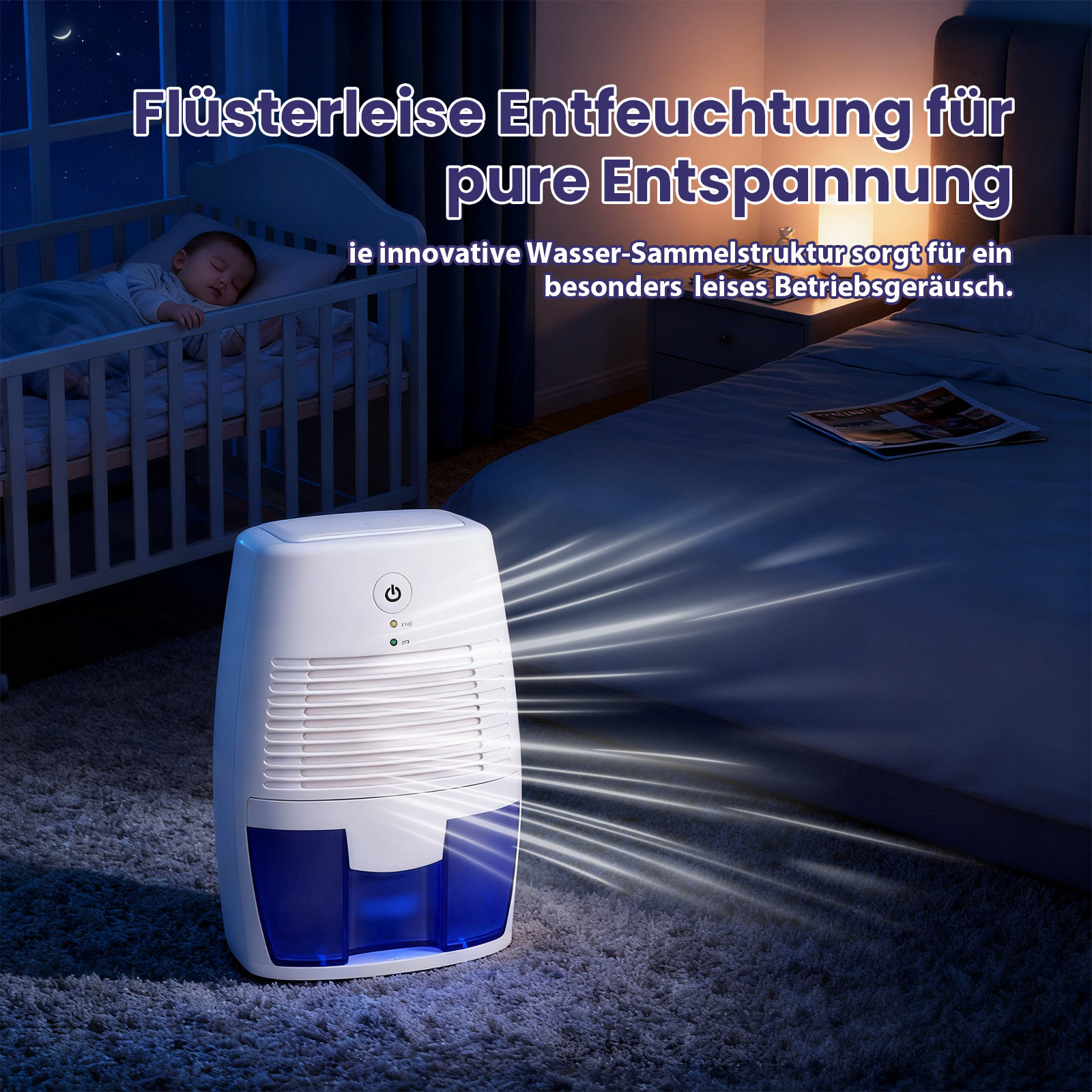 Ein Baby schläft neben einem weißen Luftentfeuchter. Der Raum ist dunkel und wird von einem sanften Schein beleuchtet.
