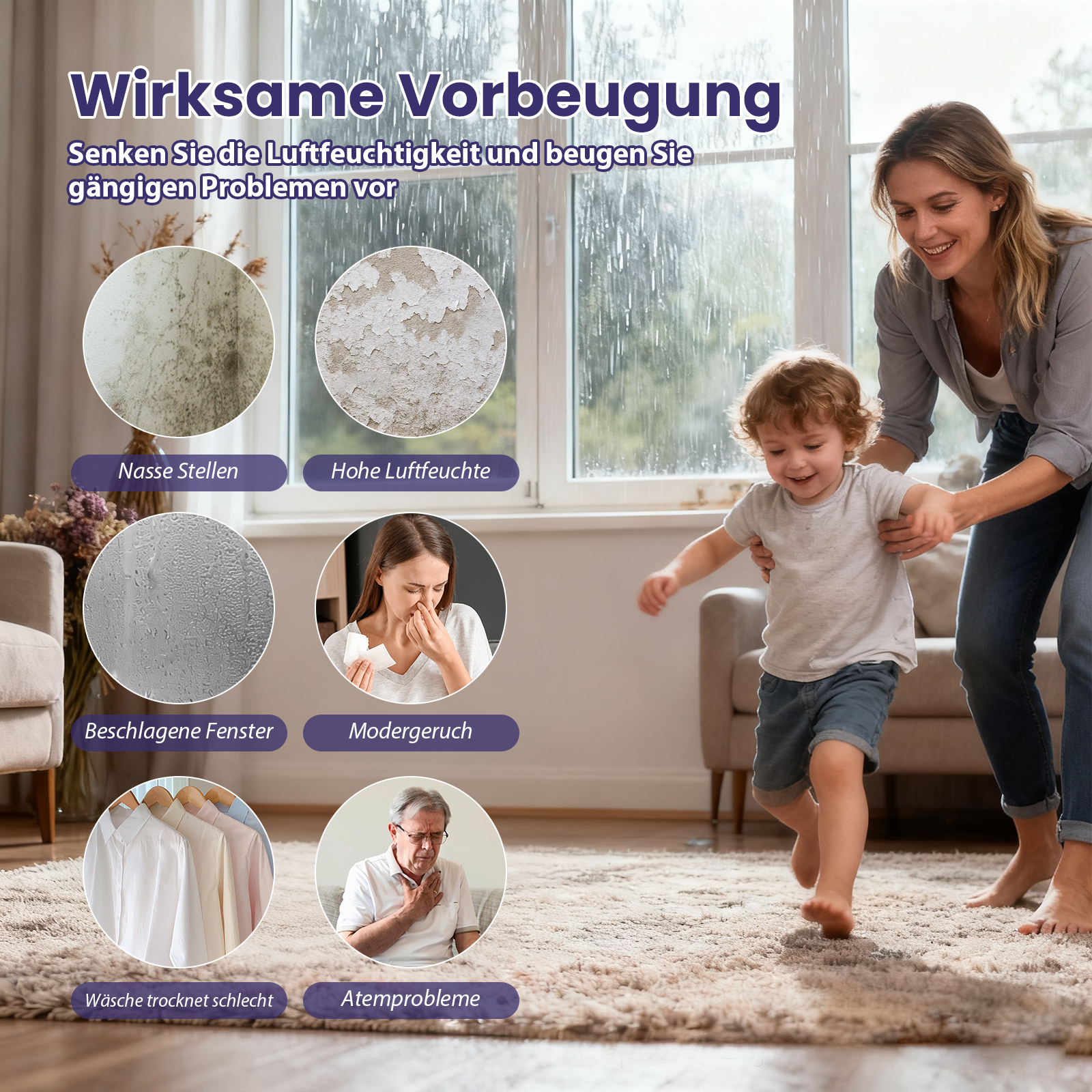 Eine Frau hilft einem Kind, auf einem Teppich zu laufen. Das Bild enthält Text über Feuchtigkeit und ihre Auswirkungen.