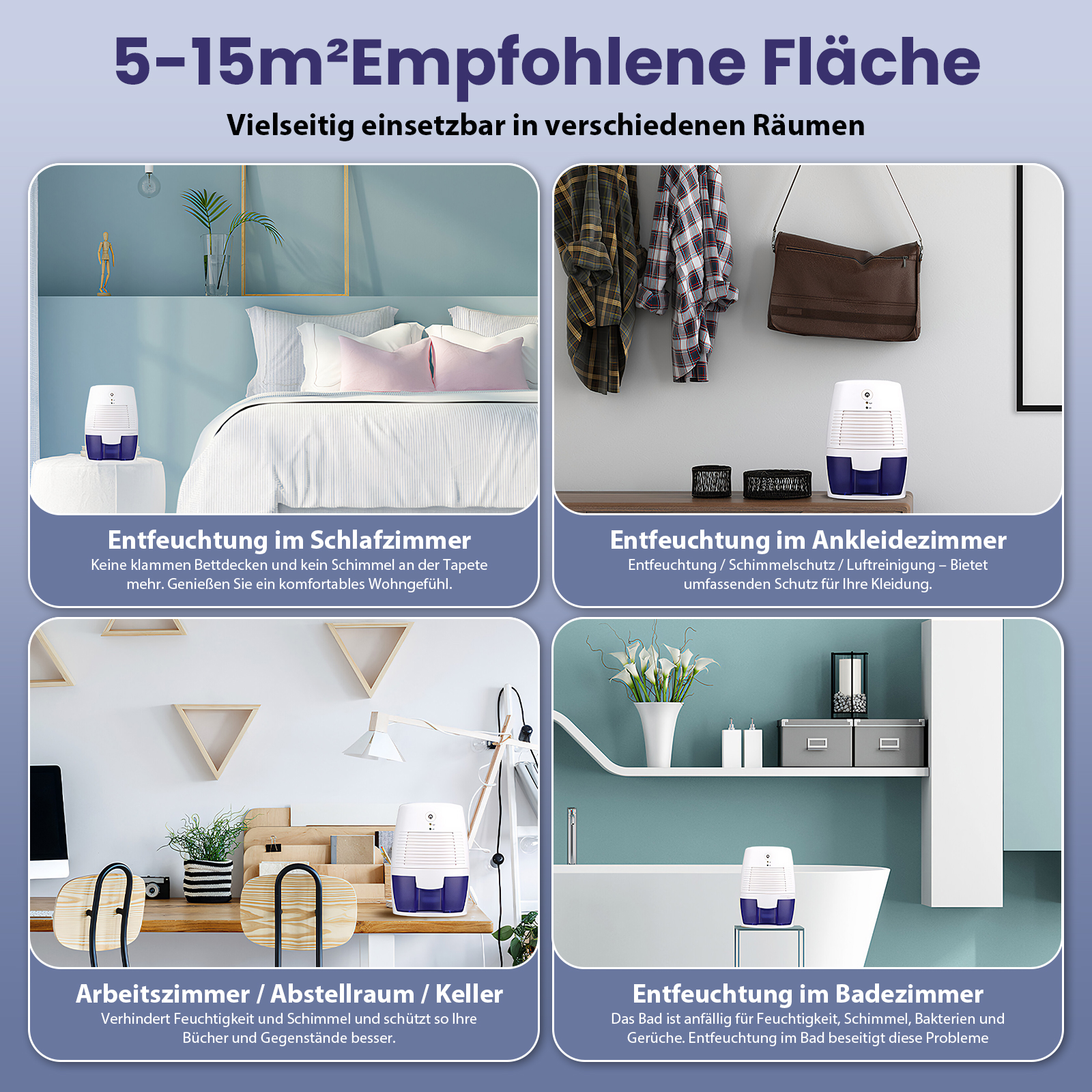 Das Bild zeigt einen Luftentfeuchter in vier verschiedenen Raumeinstellungen: Schlafzimmer, Schrank, Büro und Badezimmer. Jede Szene wird beschrieben.