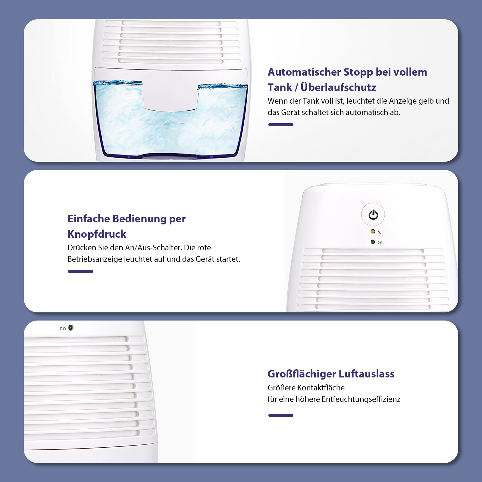 Luftentfeuchter mit Details zu automatischem Stopp, Tastenbedienung und Luftauslass, Text auf Deutsch.
