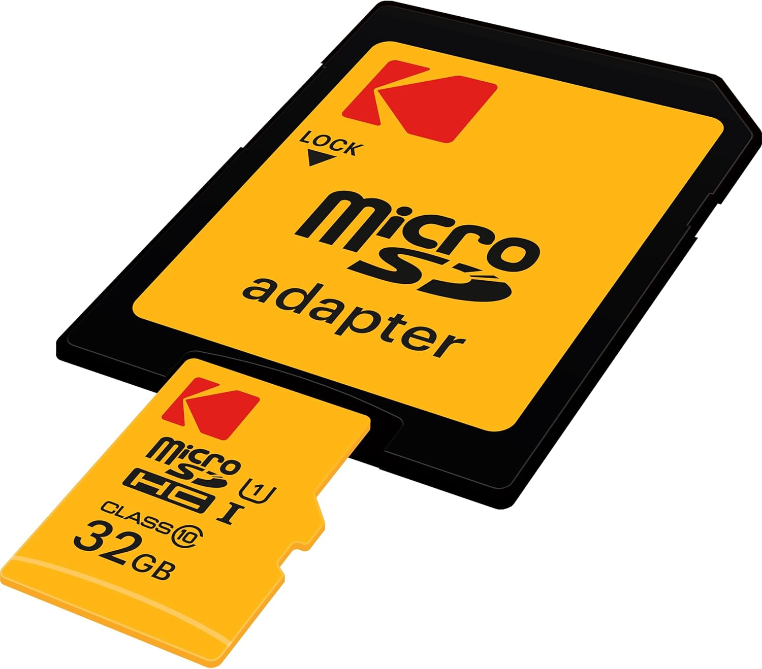 Eine SD-Karte und ein Adapter. Die SD-Karte ist gelb mit schwarzem Text, einem Kodak-Logo und 32 GB Kapazität. Der Adapter ist schwarz und gelb.
