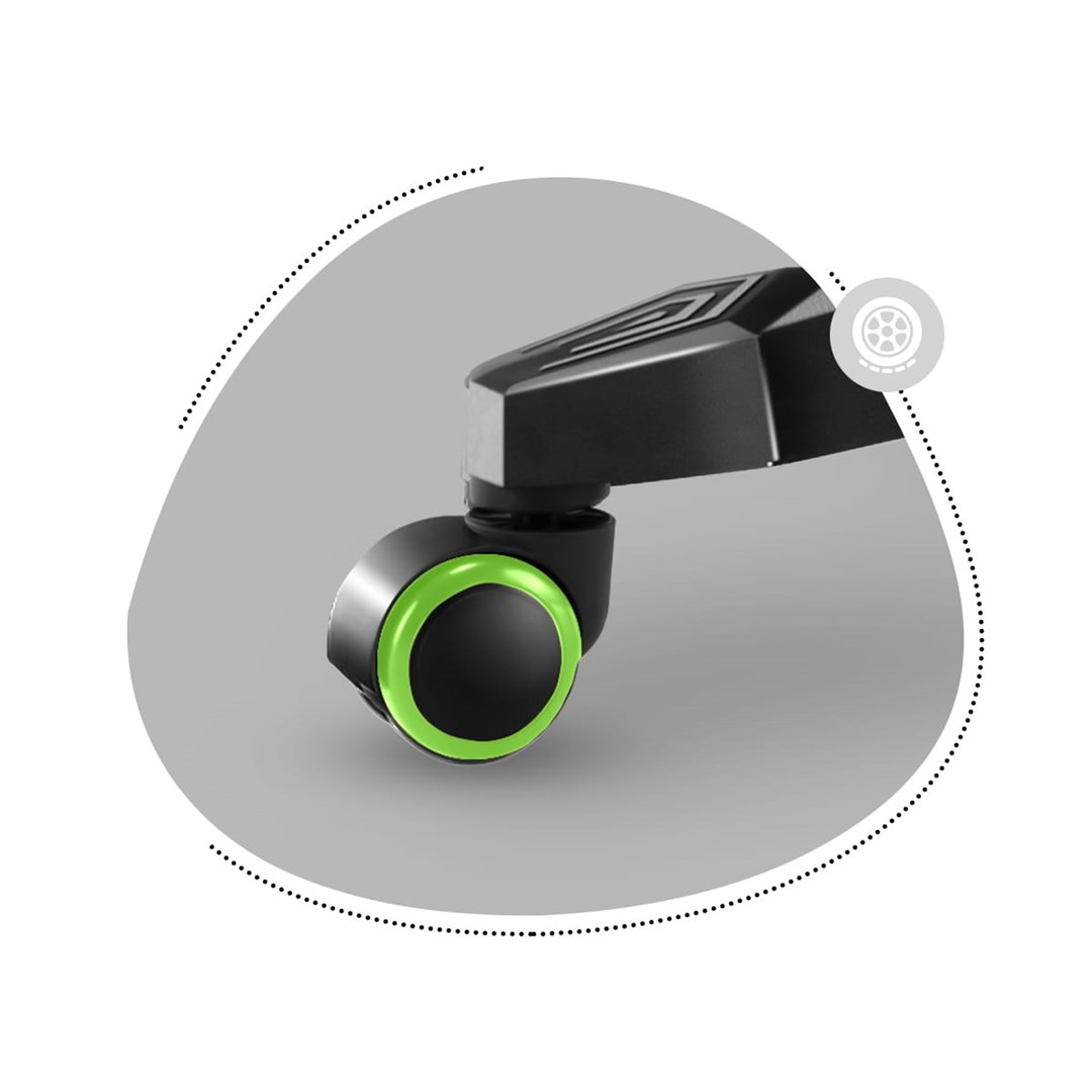 Zbliżenie czarnego kółka krzesła z zielonym pierścieniem. Tło jest szare, a noga krzesła czarna.