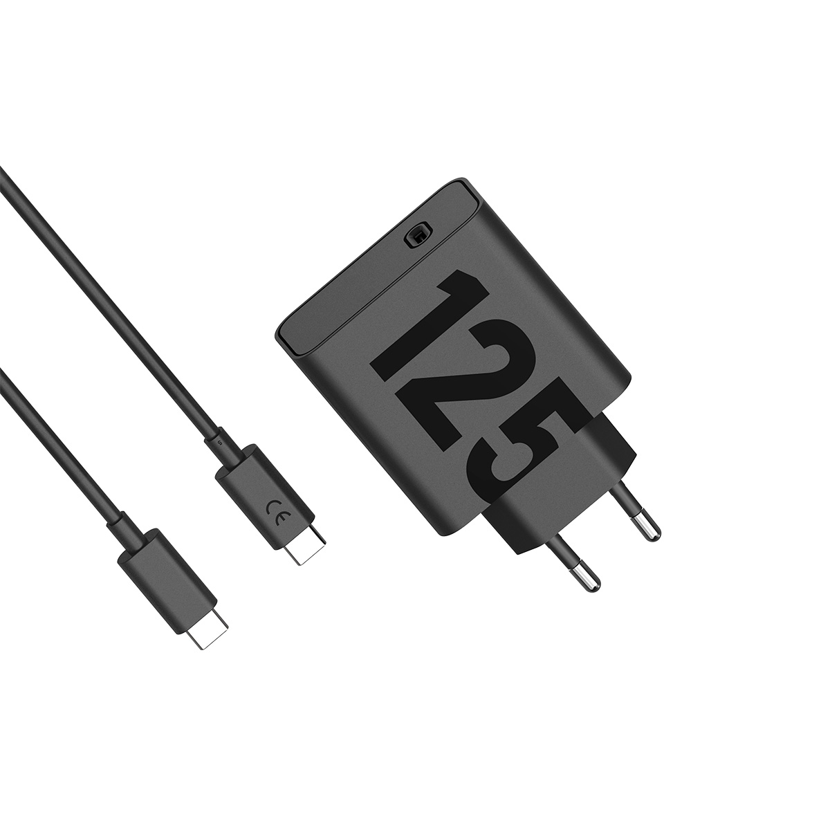 Un cargador negro con la marca '125', dos cables USB-C negros y un enchufe de dos clavijas, sobre un fondo blanco.